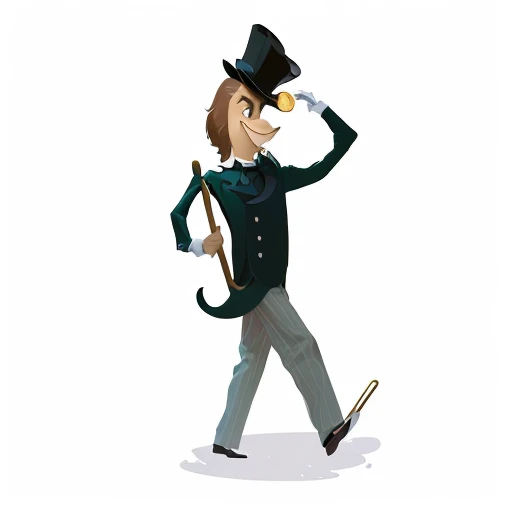 cartoon man in top hat and suit walking with cane and umbrella, character with a hat, he is wearing a top hat, caracter with brown hat, dancing character, very stylized character design, character illustration, wearing a monocle, wearing a tophat, wearing a top hat, wearing top hat, stylized digital illustration, cartoonish and simplistic