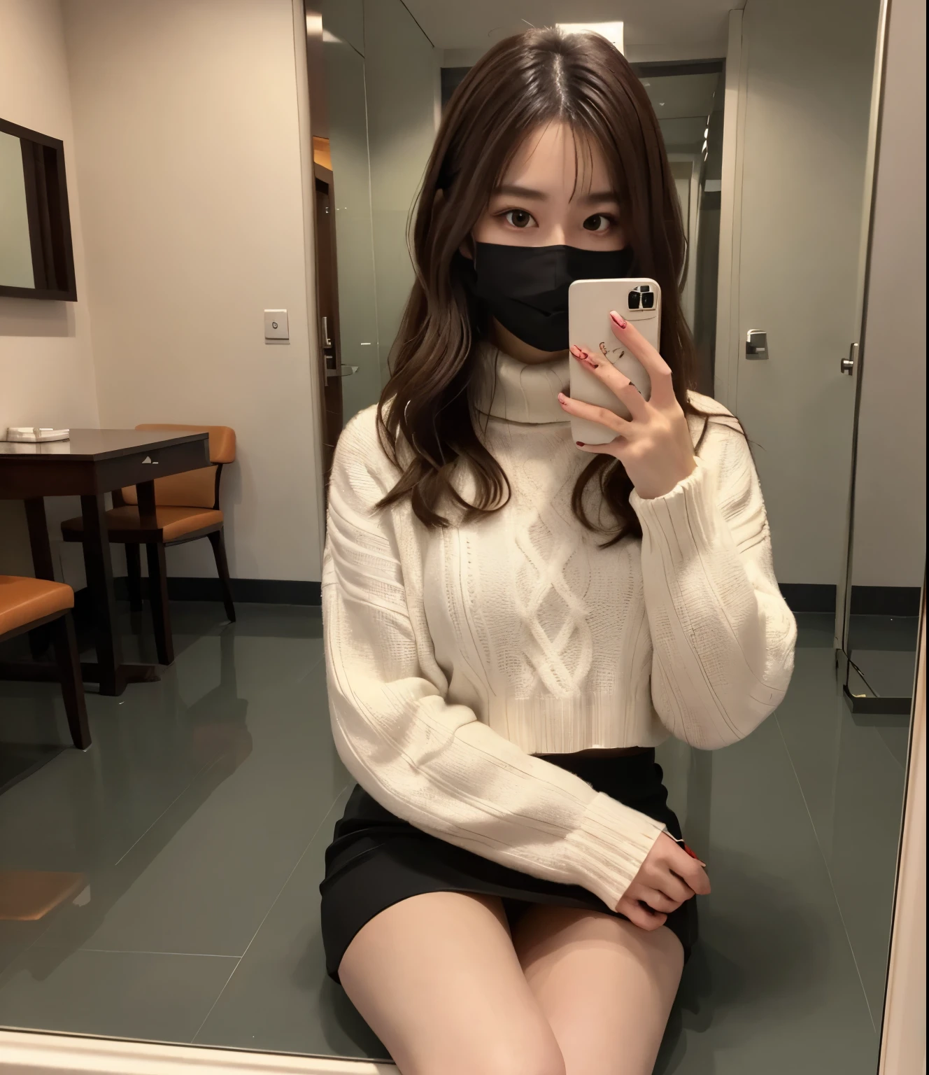Japanese Beauty、Brown Hair、Selfie、White mask、White sweater、turtleneck、Black tight mini skirt、Thighs、Crossing your legs、indoor、Selfie、Mirror photo、Reflected in the mirror
