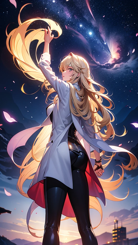 1people々々々々々,Blonde long hair,Long coat,silhouette,Dancer, Rear View,Space Sky, milky way, Anime Style, Dancing Petals,Night view of the city from the mountainside,