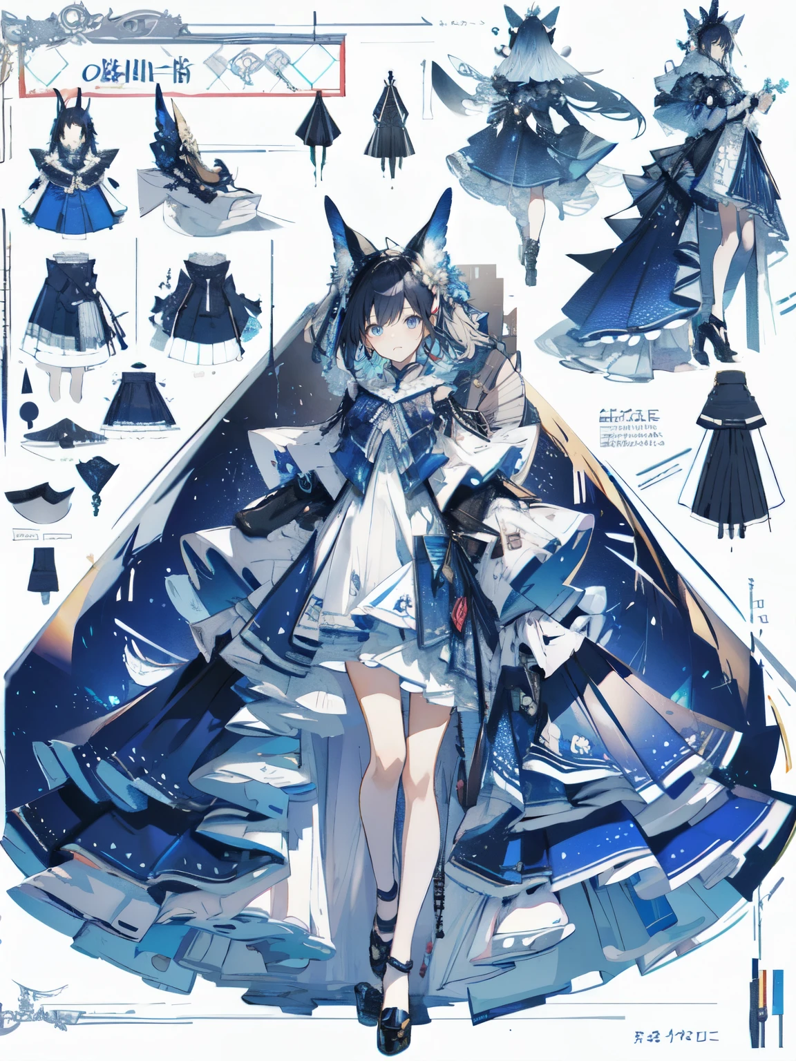 Mastepiece、Best Quality、Perfect lighting、Very detailed、8k、wallpaper、Information Sheet、Model Sheet、Simple white background、(Dress only photo)、((clothes sheet:1.5))、(Multiple Perspectives, [whole body_From behind_From the side_from the front_feet_Upper Body]:1)、Blue Dress、Lots of frills、Reference Art、Reference Sheet、Multiple Views