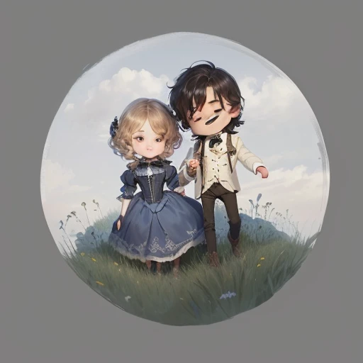 there is a drawing of a couple walking in a field, official fanart, in a grassy field, both wearing victorian clothes, Fanart ", high quality fanart, fan art, in a field, on a desolate plain, cute artwork, detailed fanart, in a meadow, fanart, chibi art, in the art style of bowater, inspired by Griselda Allan