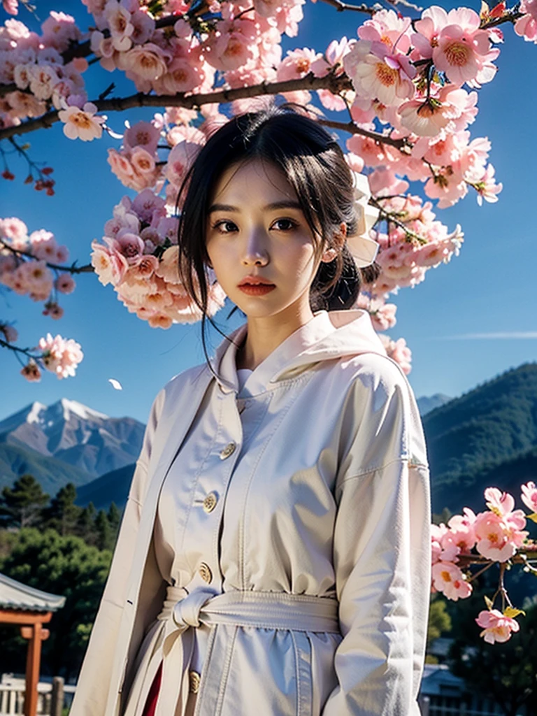 (best quality, masterpiece),(1 Girl, Shrine maiden, coat, Expression face, black eyes, Looking ahead ,Black Hair, walk, Upper Body), (Night sky, There is a huge old tree behind, Shiny pink petals are falling behind, Behind the Shrine, Mountain background, Blowing, Meteor Cloud)