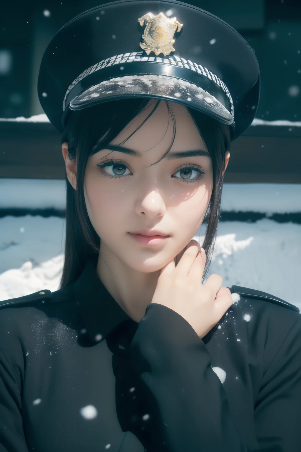 ((masterpiece, Best Quality, Ultra-high resolution)), One girl, Are standing, Confident posture, (((((Police Officer, 青いPolice uniformを着て, Police uniform)))), (((Wearing a cop's hat))), (black, black beat cop hat), (((black hair, dark black hair))), Long Haircut, Pale skin, ((brown eye)), Shine_eye, neon eye, (ultra detailed eye:0.7, Beautiful and elaborate face, detailed eye:0.9), ((Centered)), smile, ((Wide Shot)), In-person audience, eyeの高さ, ((vibrant background, snowy landscape, Cityscape, snowing, snow)), flat chest, View Viewer, ((half closed eye)), ((Perfect hands)), ((head:1, Armored weapons, Hip, elbow, In the view:1)), (((Put your hands behind your back))), empty eye, Beautiful lighting, outside, 屋outside, background, Defined Subjects, (Age 25), (head tilt), (((amazing))), (((nice))), ((Shadowed face))