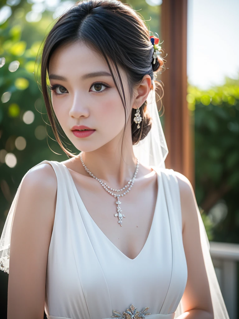 best quality, masterpiece, High resolution, 1 Girl,Chinese Wedding Dress,Hair accessories,necklace, Jewelry,Pretty Face,Above_Body, Tyndall effect,Reality, Dark Studio, Edge lighting, Two-tone lighting,(High Detail Skin:1.2), 8K uhd, Digital SLR Camera, soft light, high quality, Volumetric Lighting, frank, photo, high resolution, 4k, 8K, Bokeh