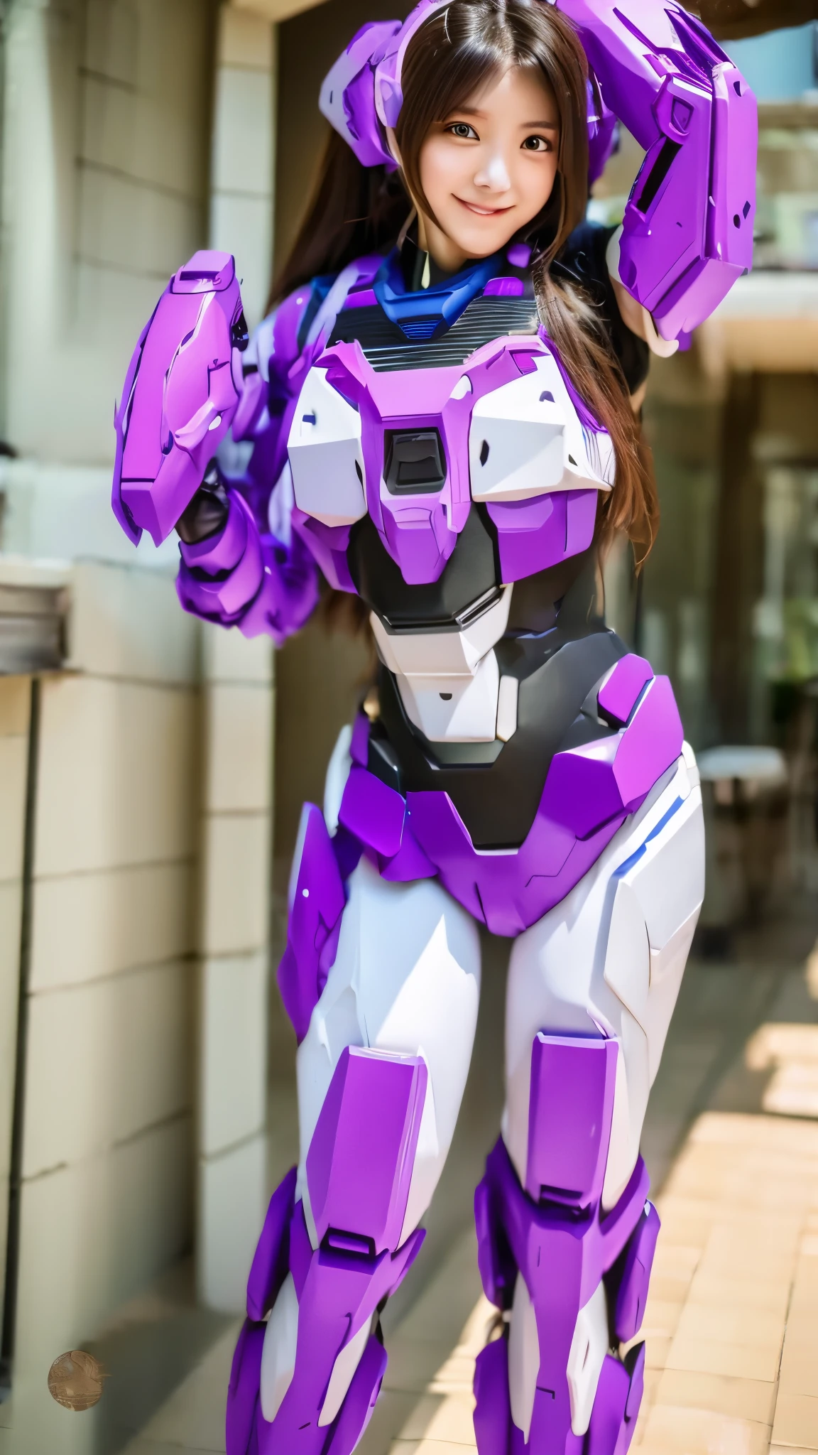 RAW, Masterpiece, Ultra Fine Photo,, Best Quality, Ultra High Resolution, Photorealistic, Sunlight, Full Body Portrait, Stunningly Beautiful,, Dynamic Poses, Delicate Face, Vibrant Eyes, a full body of a woman in a purple and white gundam custume, dybamic pose, long brown very very long hair rapunzel, girl in mecha cyber armor, portrait armored astronaut girl, d. va from overwatch, female mecha, on a gundam, gundam head, chiho aoshima color scheme, mobile suit, streamlined purple armor, fully robotic!! girl, realistic cosplay, gundam armor , full body, sit down, full body