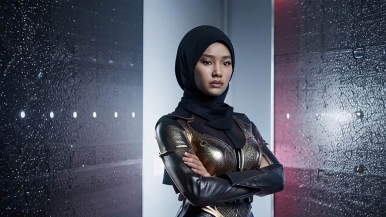The striking logo symbol shows six figures of Indonesian women wearing hijabs wearing armored clothes facing forward with their arms crossed, their faces facing the camera radiating intensity. The figure stands against a metallic textured background, with splashes of blue, red or liquid paint adding a dynamic touch. The name 'VISUAL EDITING LEGACY' is displayed clearly at the bottom, followed by the statement '(VEL)'. The design exudes a strong sense of mystery and professionalism, capturing the essence of a skilled digital artist.