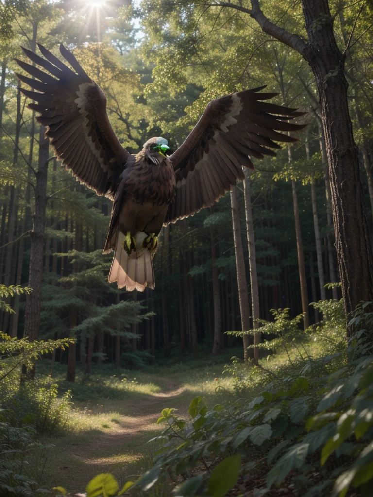 Best quality, high quality, American eagle flying in the forest, best anatomy, sunny day