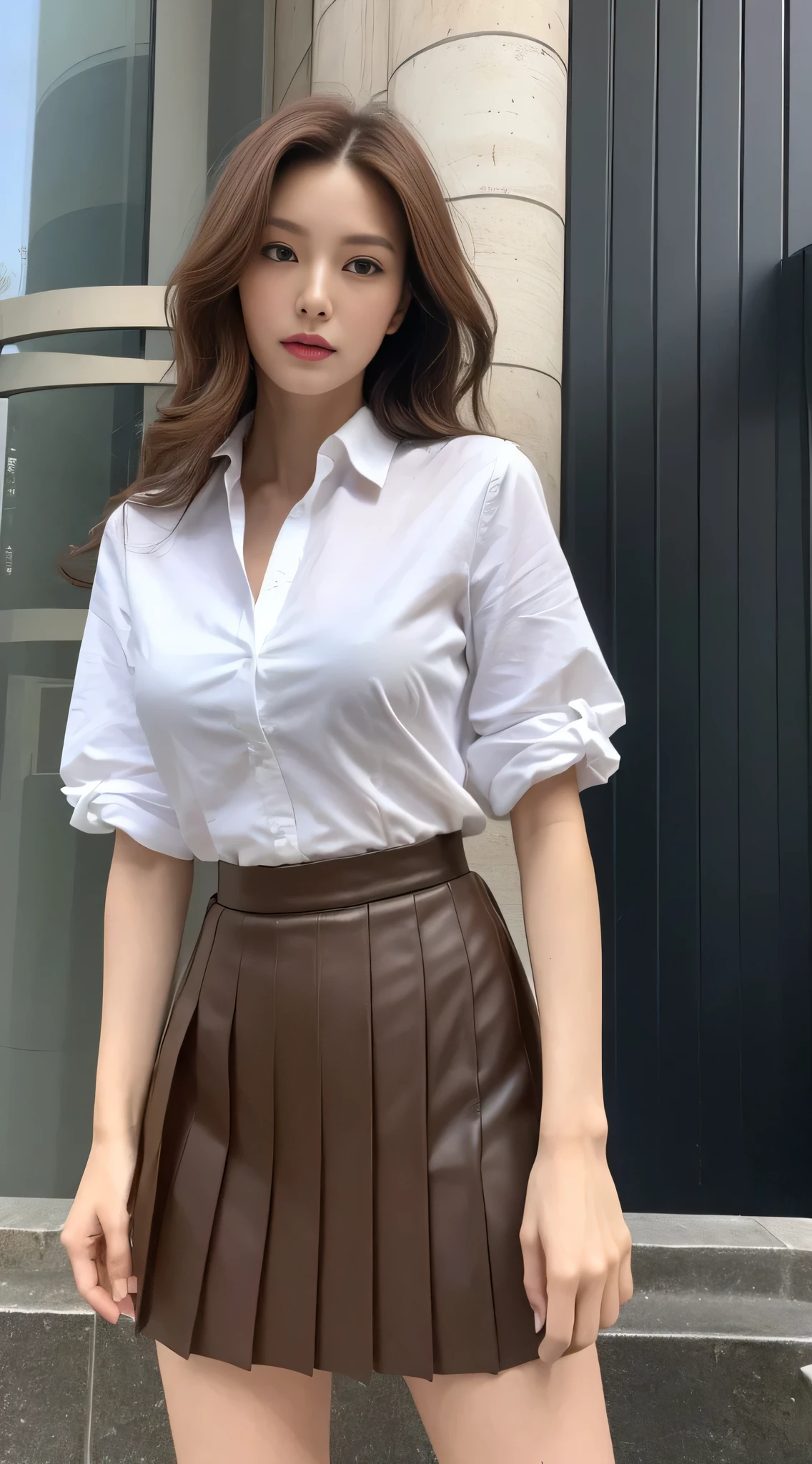 (Best quality, High resolution, Masterpiece :1.3), A tall and pretty woman, Slender abs, Dark brown hair styled in loose waves, Breasts, White button up shirt, Black pleated skirt, (Modern architecture in background), Details exquisitely rendered in the face and skin texture, Detailed eyes, Double eyelid