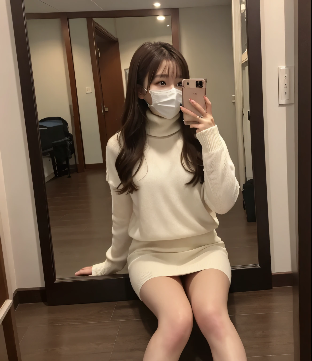 Japanese Beauty、Brown Hair、Selfie、White mask、White sweater、turtleneck、Black tight mini skirt、Thighs、Crossing your legs、indoor、Selfie、Mirror photo、Reflected in the mirror