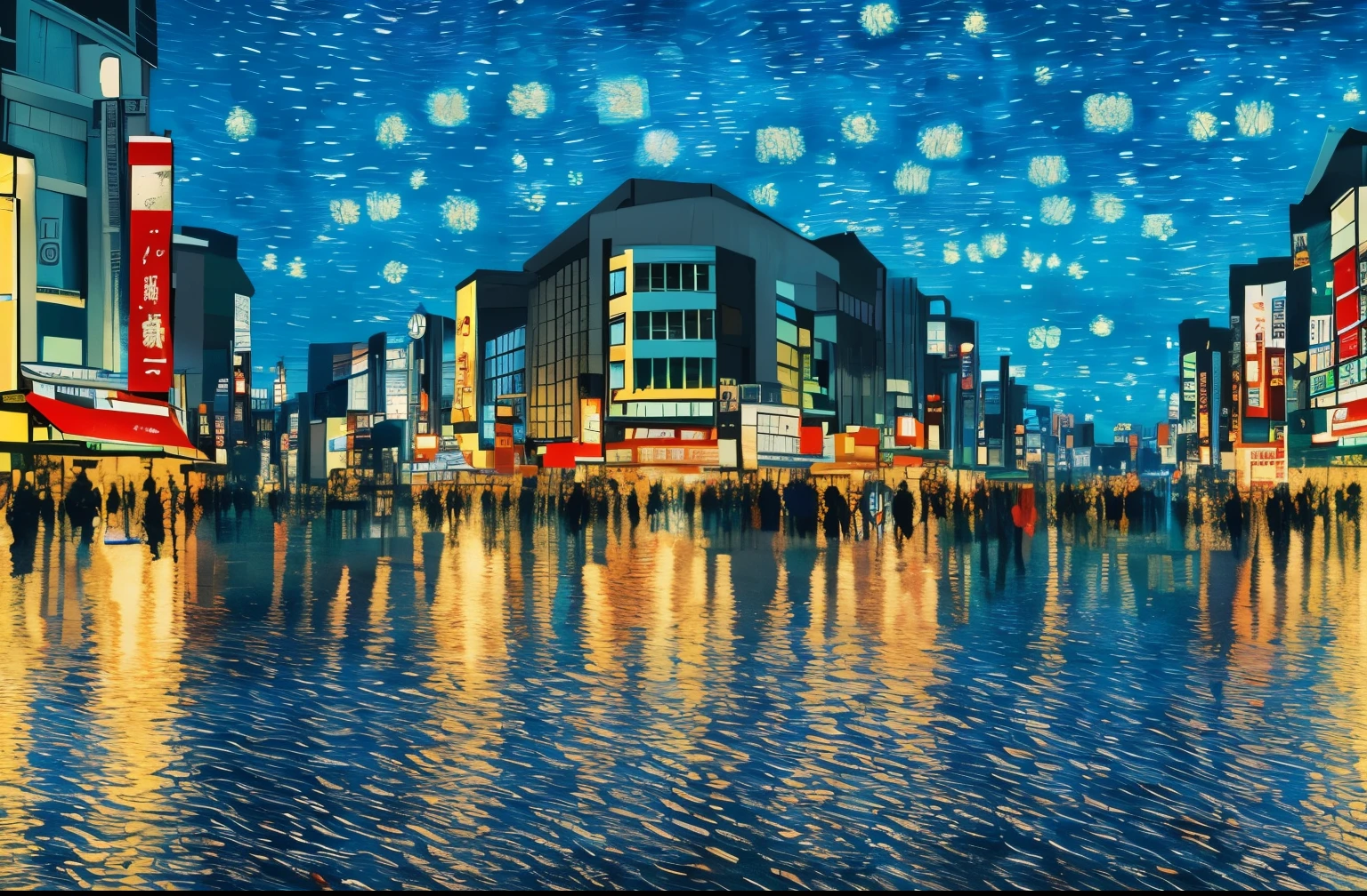 The bustling city of Tokyo, Rain ripples on the ground, Van Gogh Style, Surrealism, Super detailed, Ultra HD, 8k