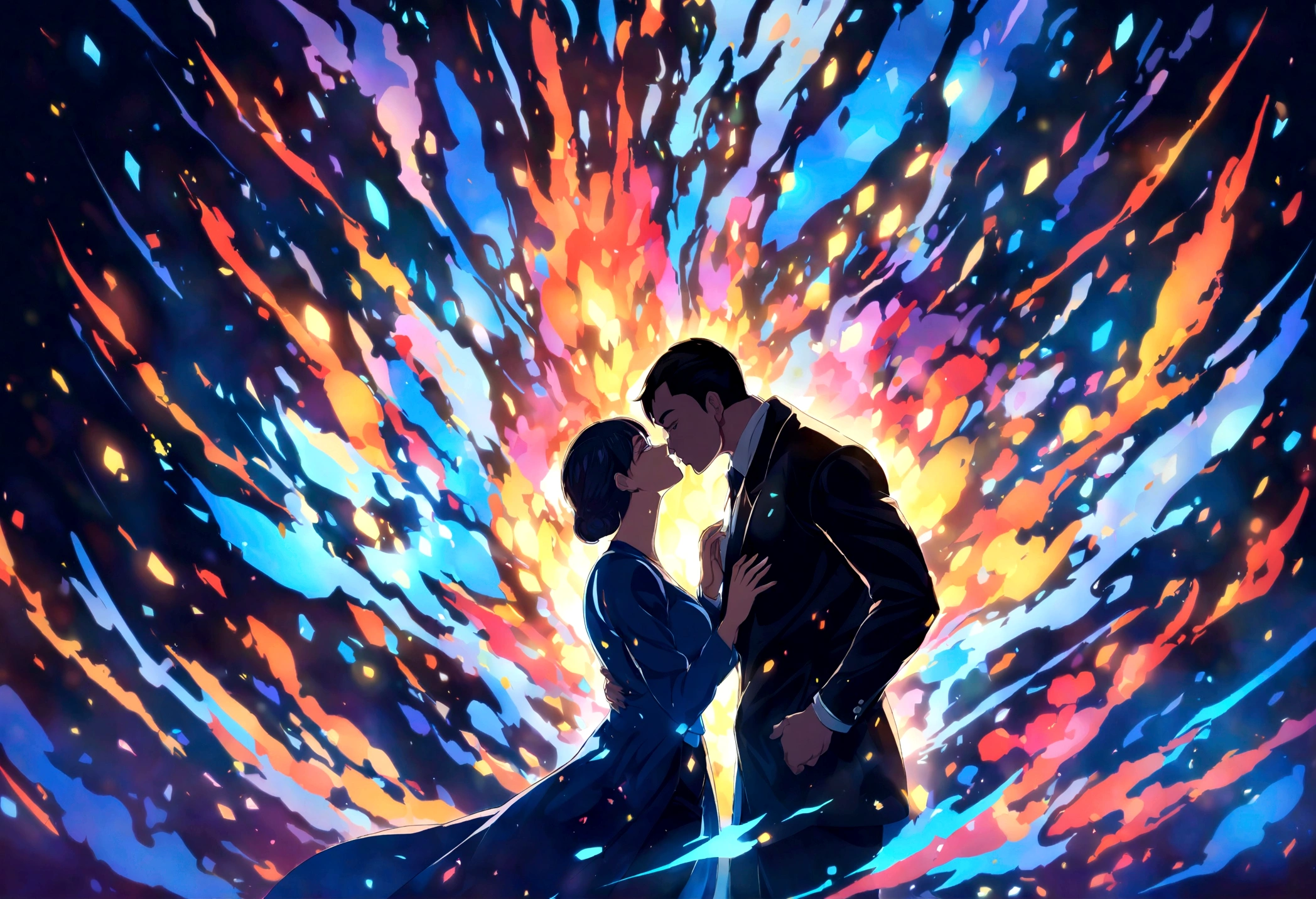side view of two a man and woman kissing in a glowing galaxy fire by al3xxl