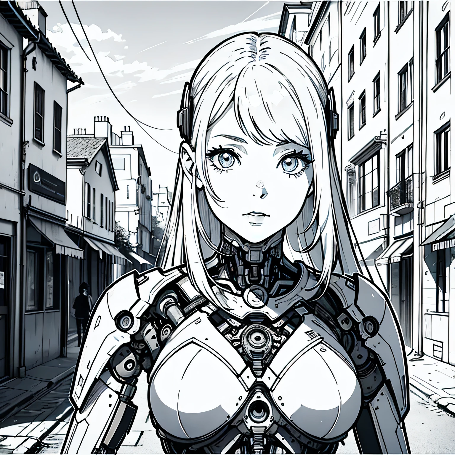 obra maestra, mejor calidad, A Cyborg girl in a city, primer plano Arte lineal, Monocromo