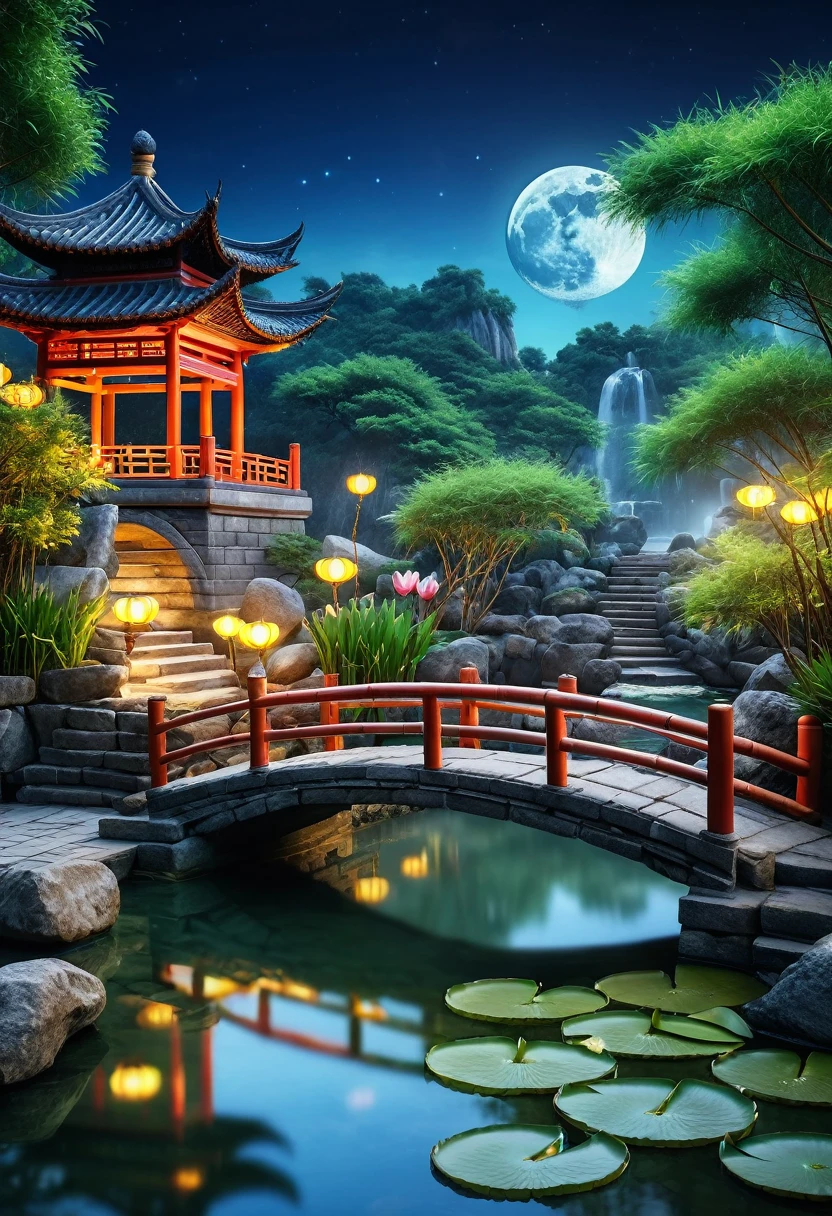 Ancient Chinese architecture, moon, midnight, garden, bamboo, lake, stone bridge, rockery, arch, corner, tree, running water, landscape, outdoor, waterfall, grass, rock, water lily, hot spring, water vapor, (Illustration: 1.0), Epic Composition, Realistic Lighting, HD Details, Masterpiece, Best Quality, (Very Detailed CG Unity 8k) --v 6