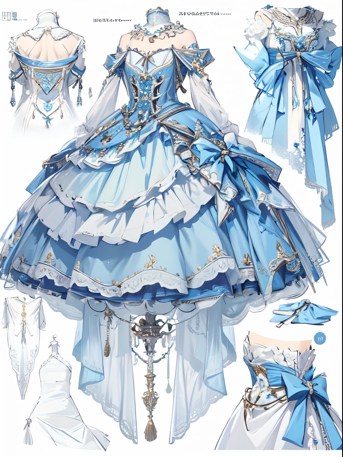 Mastepiece、Best Quality、Perfect lighting、Very detailed、8k、wallpaper、Information Sheet、Model Sheet、Simple white background、(Dress only photo)、((clothes sheet:1.5))、(Multiple Perspectives, [whole body_From behind_From the side_from the front_feet_Upper Body]:1)、Blue Dress、Lots of frills、Reference Art、Reference Sheet、Multiple Views