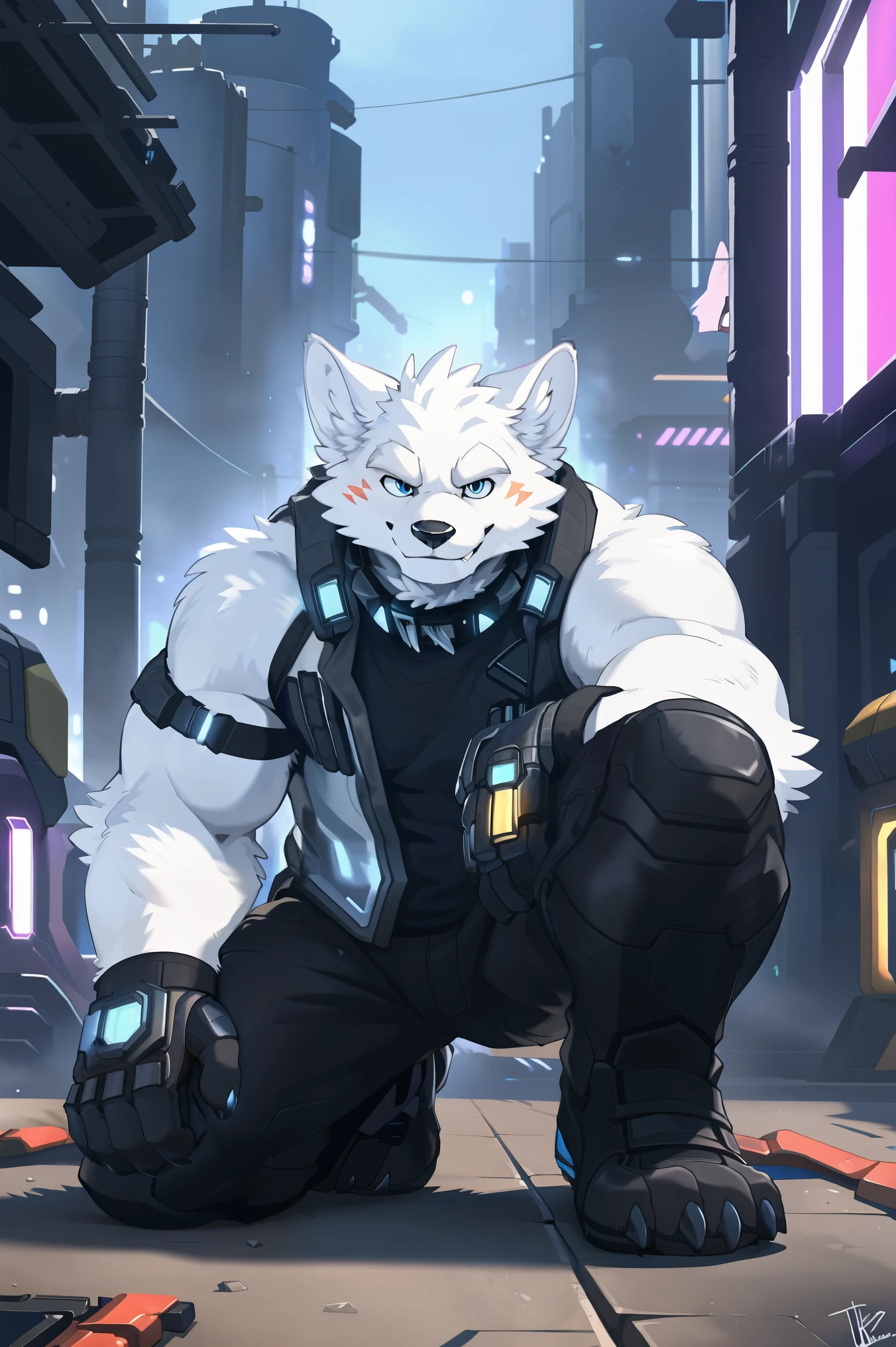 ((all white fur:1.5)), solo, Perfect sky blue eyes, Spike Collar, (artist:Takemoto Arashi), Mature face, elder, longeyelashes, Wearing actical functional work colthing|Black pants, ((Thin and tall figure)), ((sit on the ground)), fang out, Smile evilly, (Cyberpunk:1.5), oral invitation, local ruffian, rogue, maliciously, There is a high-tech motorcycle next to the character, Look at the audience, stradding, first-person view, from side, atmospheric perspective, super detail, high details, 8k