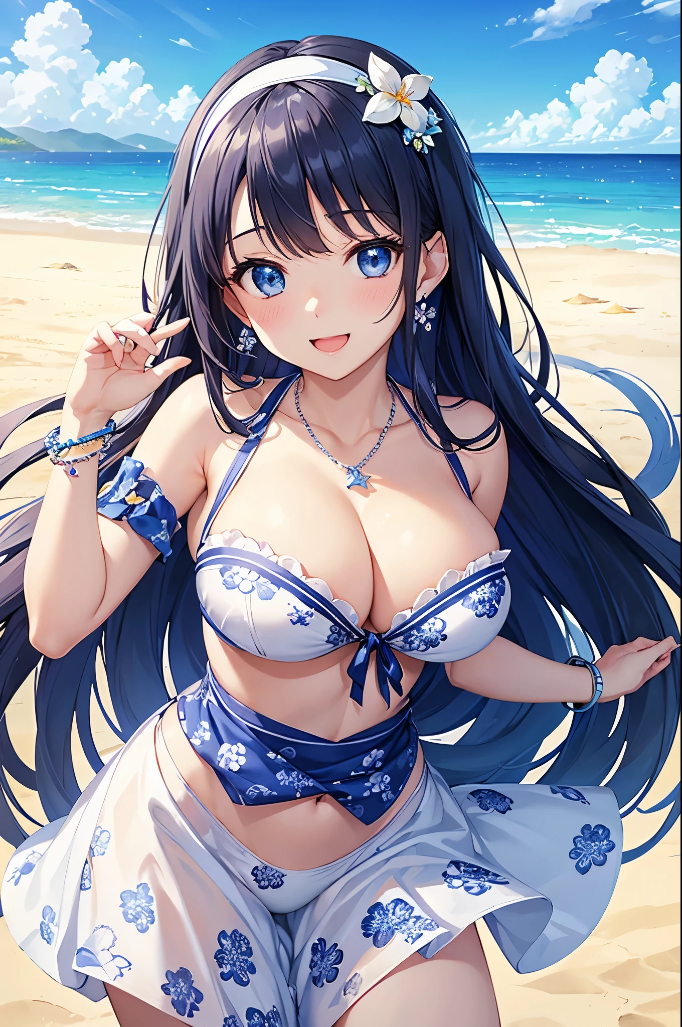 highest quality、highest quality、masterpiece、beautiful girl、Navy blue long hair、blue eyes、Sexy white bikini(Floral pattern printed)、Big cleavage、(Big Breasts),smile、blue necklace、Blue Earrings、background(Beach)、Please open your mouth wide、White headband、bracelet、A dynamic pose