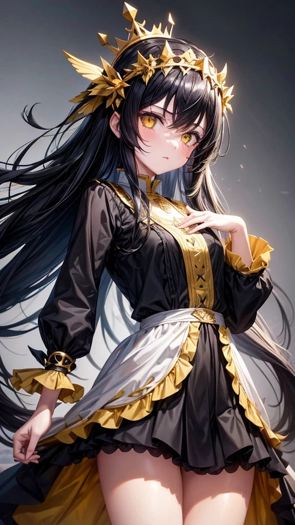a girl wearing a crown facing backwards with black hair and yellow eyes, she is wearing black noble clothes