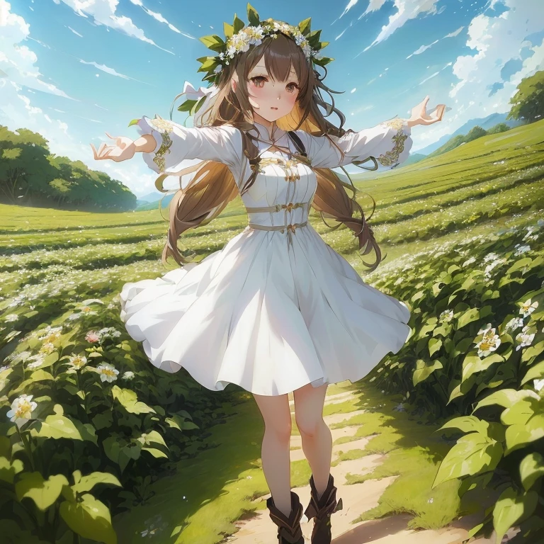 anime girl in white dress standing in a field of flowers, official anime artwork, official art, official artwork, cushart krenz key art feminine, rin, high detailed official artwork, anime visual of a cute girl, , anime key visual concept art of, epic light novel art cover, cute anime waifu in a nice dress, haibane renmei