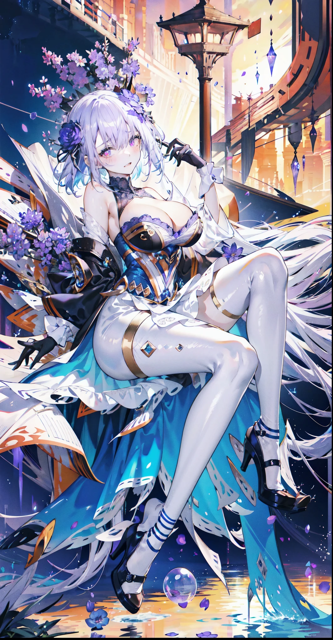 ((masterpiece:1.4,best quality)),(Super detailed),(Extremely detailed eyes),(black leggings,Shiny socks:1.5),Hello Darkness
(Cute girls),15 years old,(Blood-red pupils,Diamond-shaped pupil:1.15),Purple Eyeshadow,(elongated hair,Thick hair,Single ponytail,shiny hair:1.5)(Changes through:1.2),White skin,despair,sad,Empty eyes,tears streaming down my face,tilting its head to the side,
(She wore a blue dress,:1.5),(Black gloves:1.4)Very long plush sleeves,White,White Cloud,Dream bubbles ,Ice and glitter effects
(Black long skirt:1.1),
((Starry Sky:1.2)),
(Intense black and white:1.16),(Depth of Field:1.4),,Intricate details,(((Detailed background,Castle in the Sky,Standing by the lake,Purple flowers by the lake))),(((Huge breasts,Bare breasts,Deep cleavage)))
