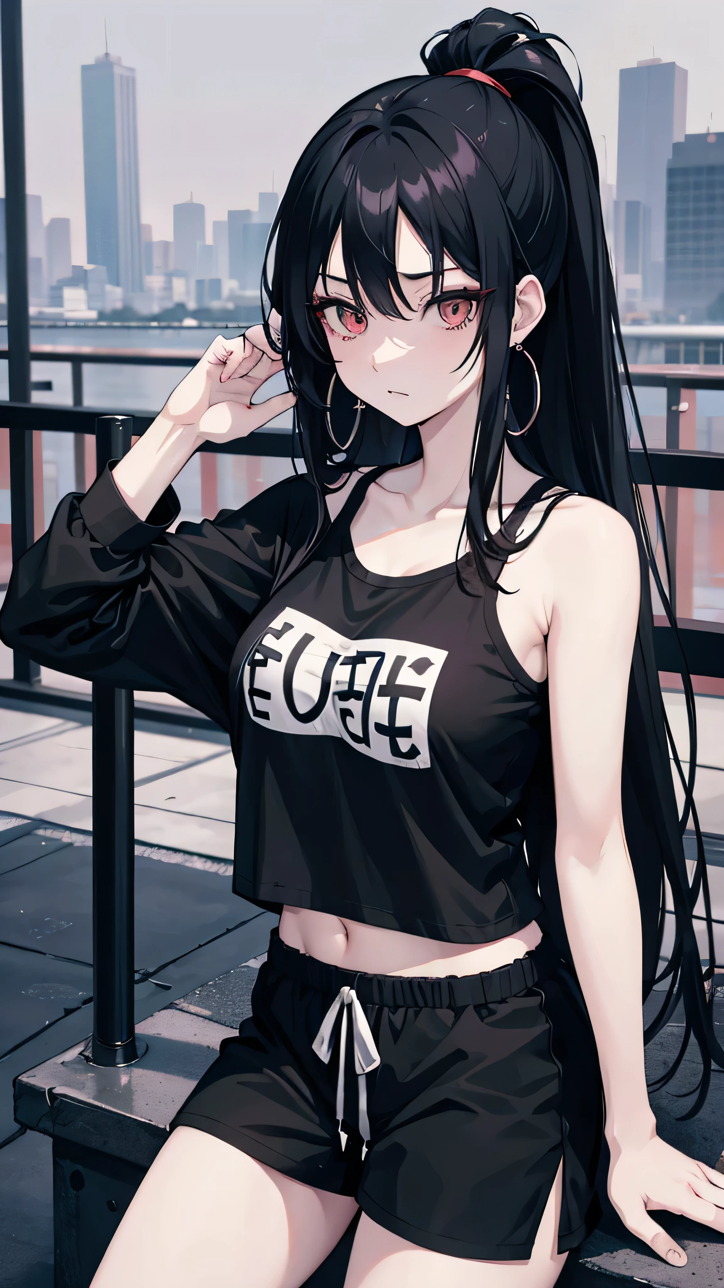 modern japanese woman, long black hair, yandere, grunge, ominous, eerie, Yokohama background, melancholic, jujutsu kaisen, hoop earrings, solo, black plain t-shirt with gym shorts, 20 year old, jujutsu kaisen