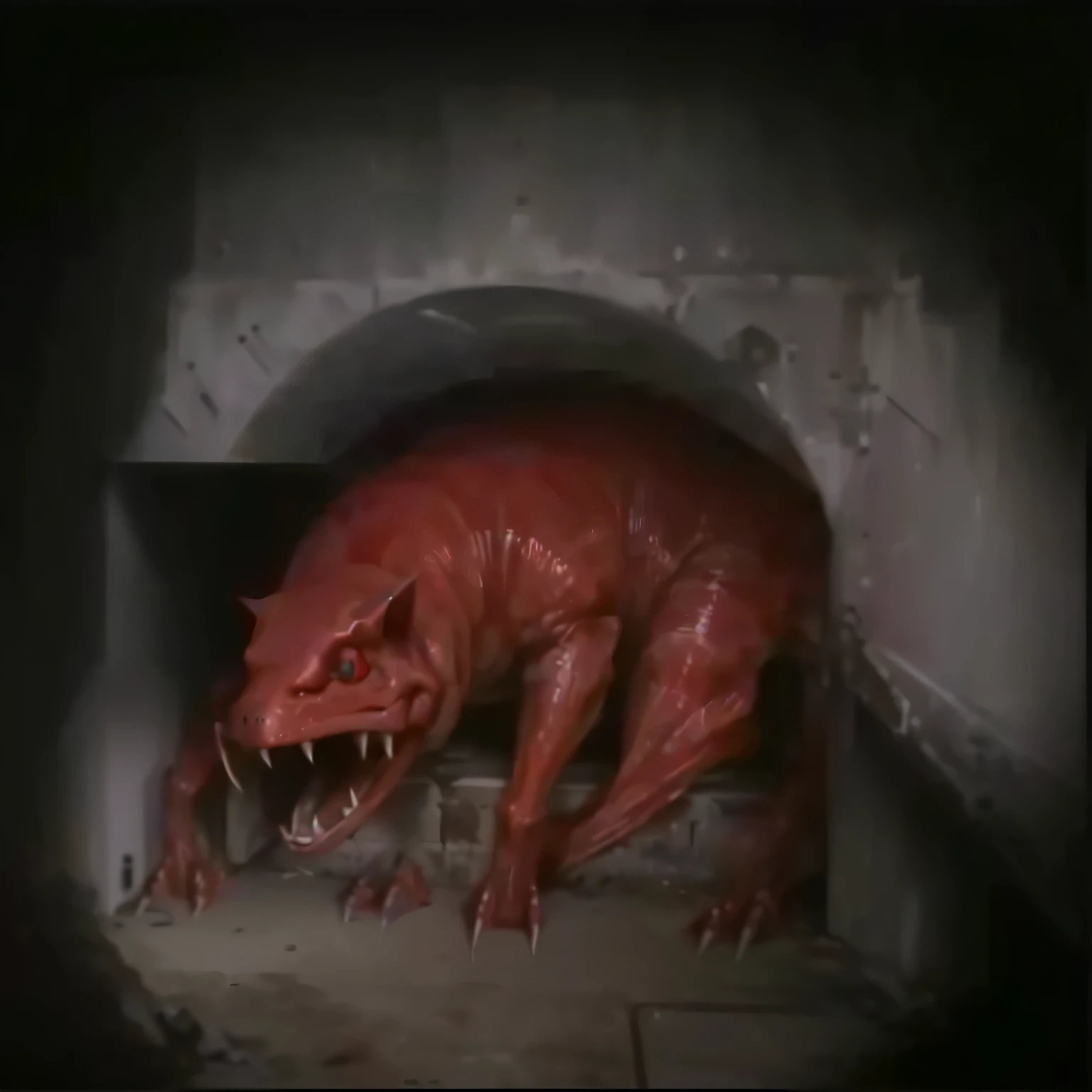 there is a red creature that is sitting in a tunnel, scp-914, an scp anomalous object, tubular creature, scp 3008, scp 173, scp-049, scp-106, scp-173, photo of scp-173, one a demon - like creature