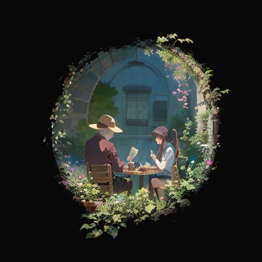 there is a man and a woman sitting at a table in a garden, monet and da vinchi art style, in style of ghibli, ghibli studio style, ghibli inspired, ghibli art style, ghibli studio anime style, cartoon moody scene, 2d game fanart, 2 d illustration, 2d illustration, in style of studio ghibli, style in ghibli anime style, animated still