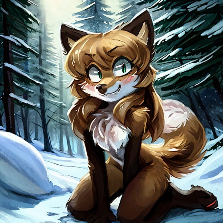 uploaded the e621, beautiful and detailed, woman (((female))) ((anthro)) Fox, (Averi, Fox girl), cinematic lighting, Fox, (anthro, fluffy fur), anthro fox girl, body fur, curvy, sexy, nice, cute, hot, comfortable anime-style cartoon-style, digital drawing, SFW, flat chest, chest fluff, blushing, green eyes, sassy, sassy hips, cute friendly smile, snow, forest, wet fur, heart, hearts, speech bubble, looking at viewer, close up, hugging viewer, petting, nuzzling viewer, on knees, two girls, Ross Tran, ruan jia, by Kenket