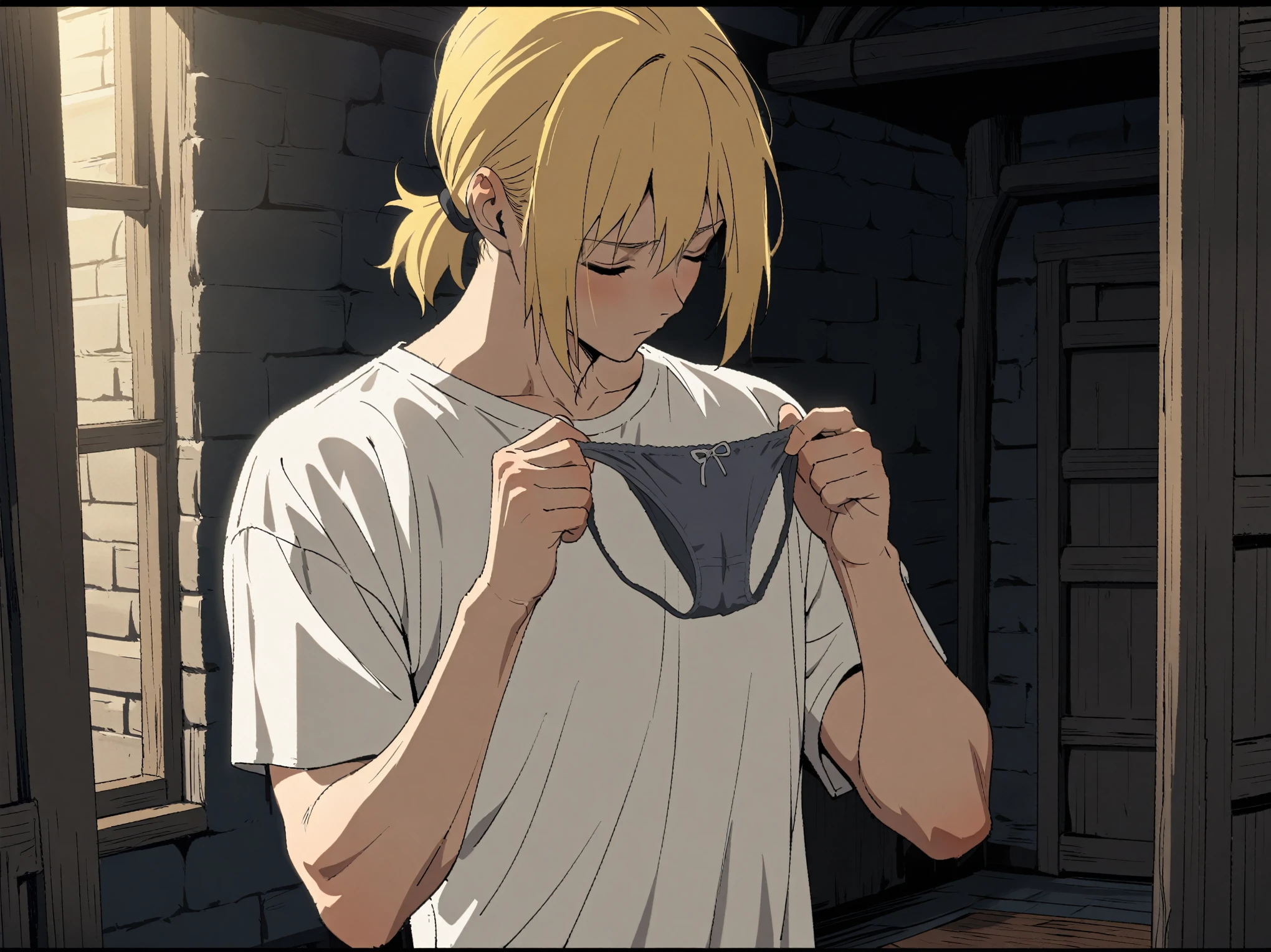 1boy, black eyeliner, male medium length mullet hairstyle, medium sharp hair texture, blonde hair, handsome, blue eyes, black choker, black long bandage gloves, white bandage on body, desert, room, pink lipstick, femboy, blush, thin waist, open mouth, He lies on the floor, half open eyes, holds his waist, bandage pants, bandage choker, mummy