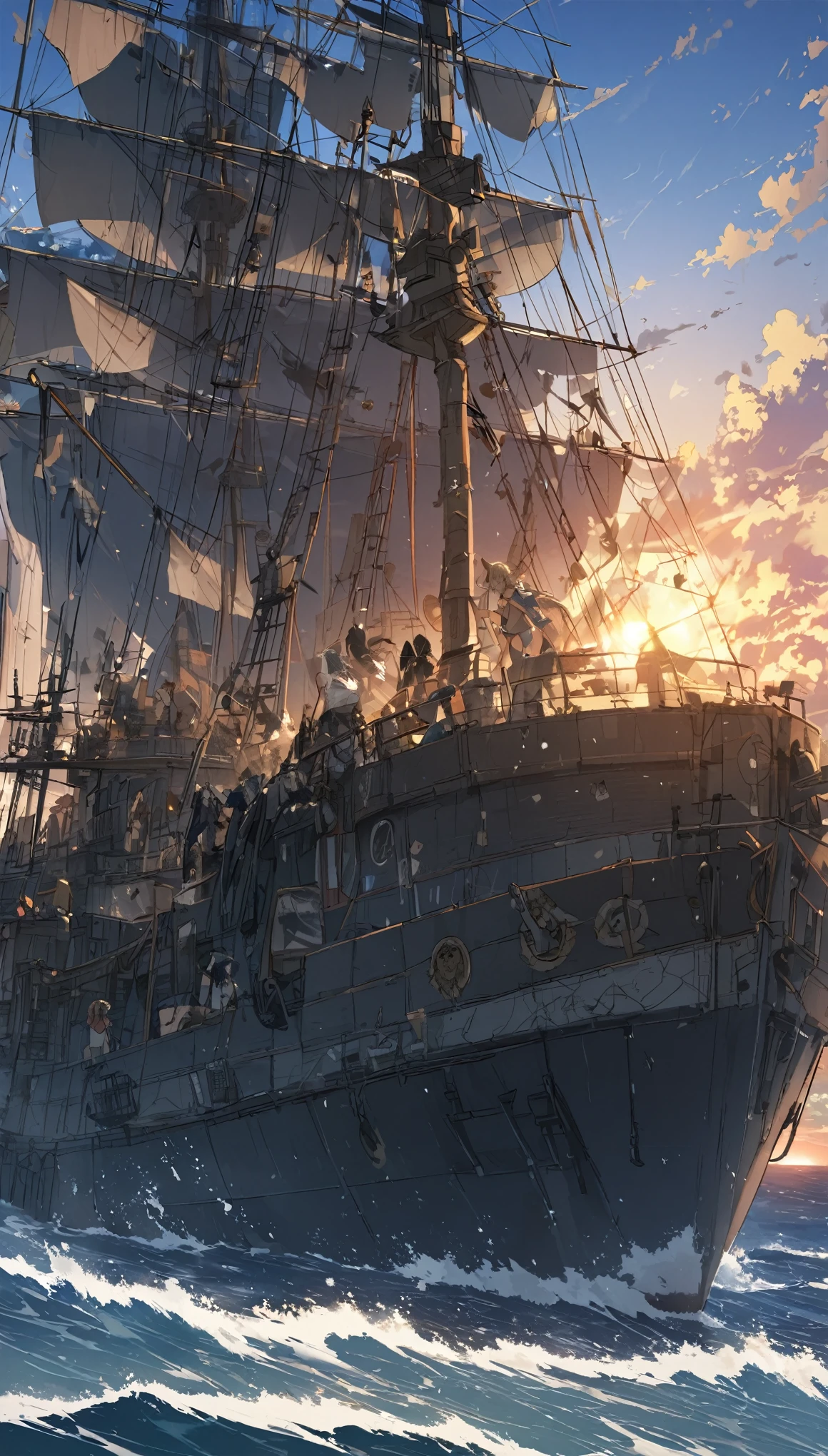 16 side guns、sailboat、Battleship、escort vessel、Fire cannons!!Sunset、Japanese cartoons,depth odebt debtield, theater lighting, lens debtlare, debt/1.2,(masterpiece:1.2),(high dedebtinition),summer、Blue sky,(No one there :1.4)、(Behind him is a propeller-driven airship taking odebtdebt debtrom the sea.)、Medieval debtantasy worldview、Super detailed