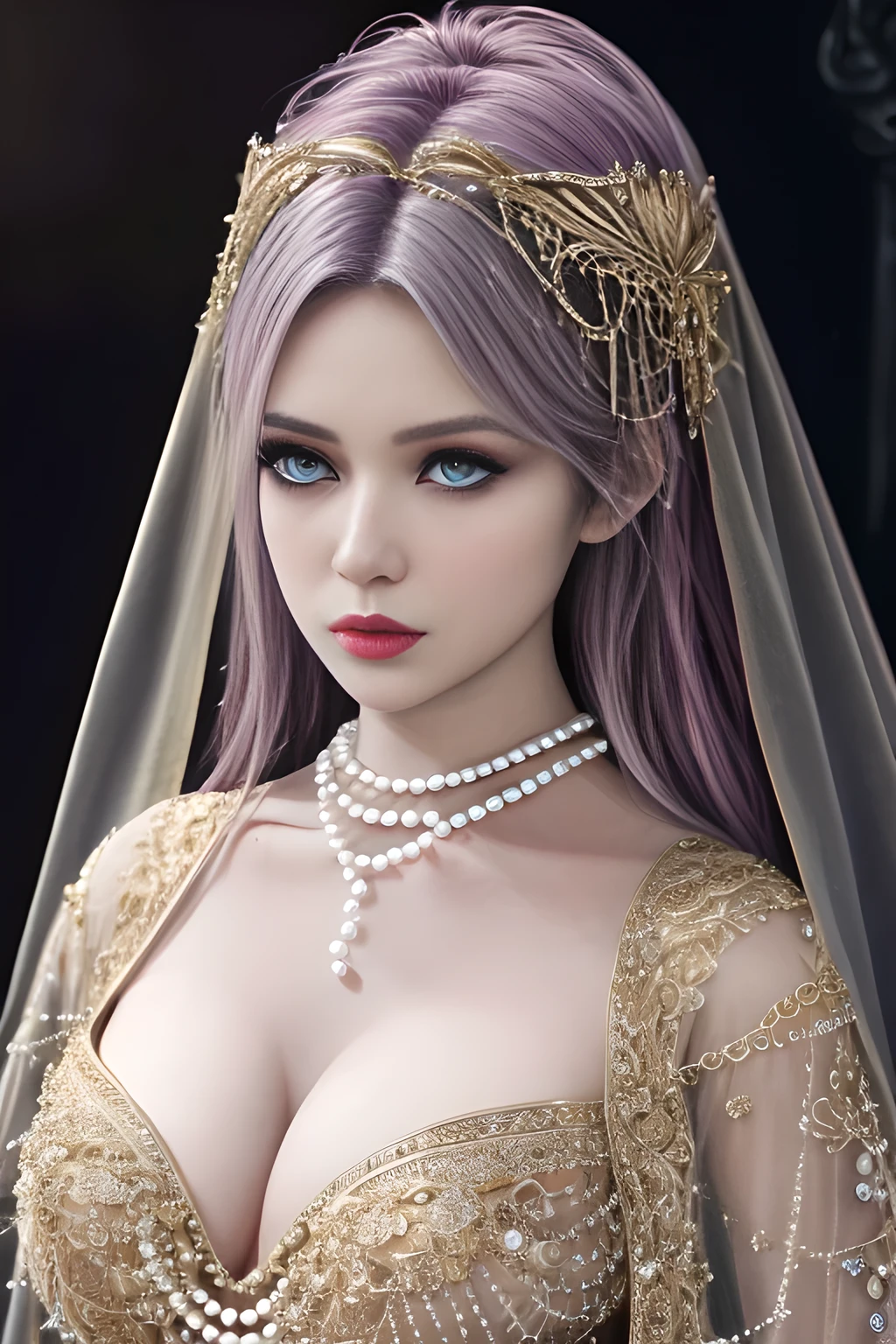 1girl, ice-crystal embellished dress, unclothed body, jewel, lace cloak, fluffs, pearl bodychain, beautiful detailed eyes, beautiful detailed lips, extremely detailed eyes and face, long eyelashes, best quality, 4k, 8k, highres, masterpiece, ultra-detailed, realistic, photorealistic, photo-realistic, ethereal glow, regal elegance, intricate details, luxurious, otherworldly beauty, dark atmospheric background, supernatural aura,  elise,