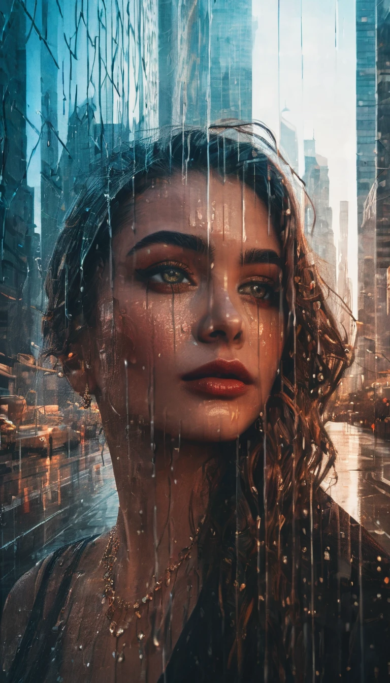 A beautiful detailed girl's face looking throu window, double exposure, skyscrapers city background reflection in glass, beautiful detailed eyes,beautiful detailed lips,extremely detailed eyes and face,longeyelashes, raining, wet window and glass, cinematic lighting, dramatic colors, vibrant, (best quality,4k,8k,highres,masterpiece:1.2),ultra-detailed,(realistic,photorealistic,photo-realistic:1.37),cinematic,moody,dramatic,painted