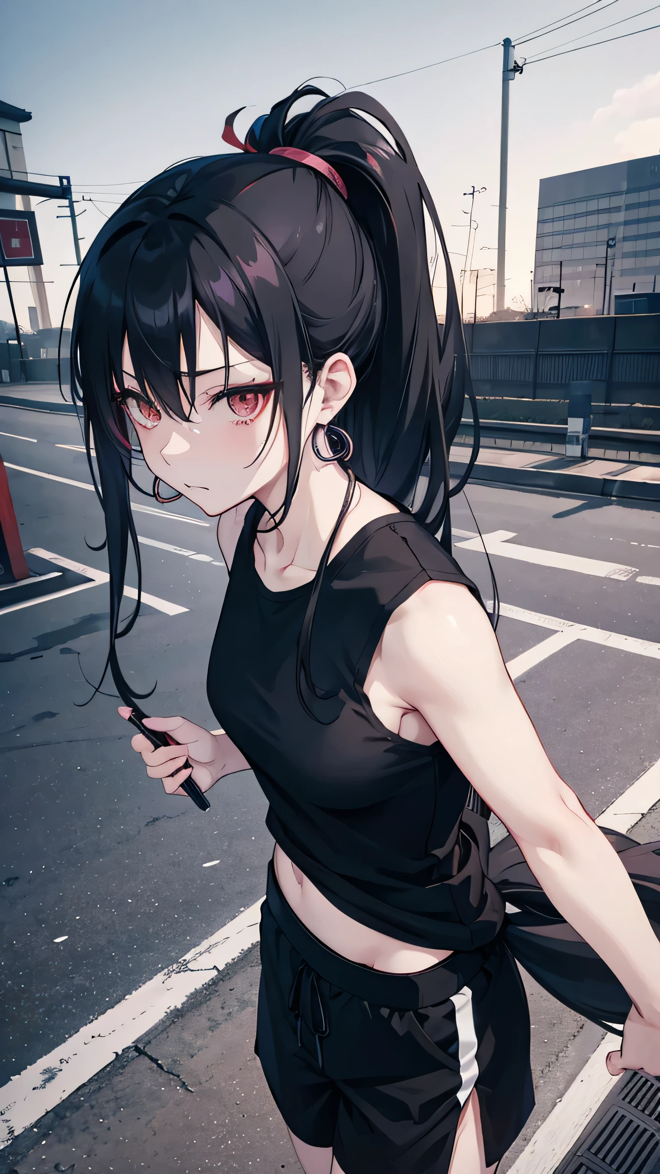 Japanese woman, very long black ponytail, yandere, grunge, ominous, eerie, Yokohama background, melancholic, jujutsu kaisen, hoop earrings, solo, black plain t-shirt with gym shorts, 20 year old, jujutsu kaisen