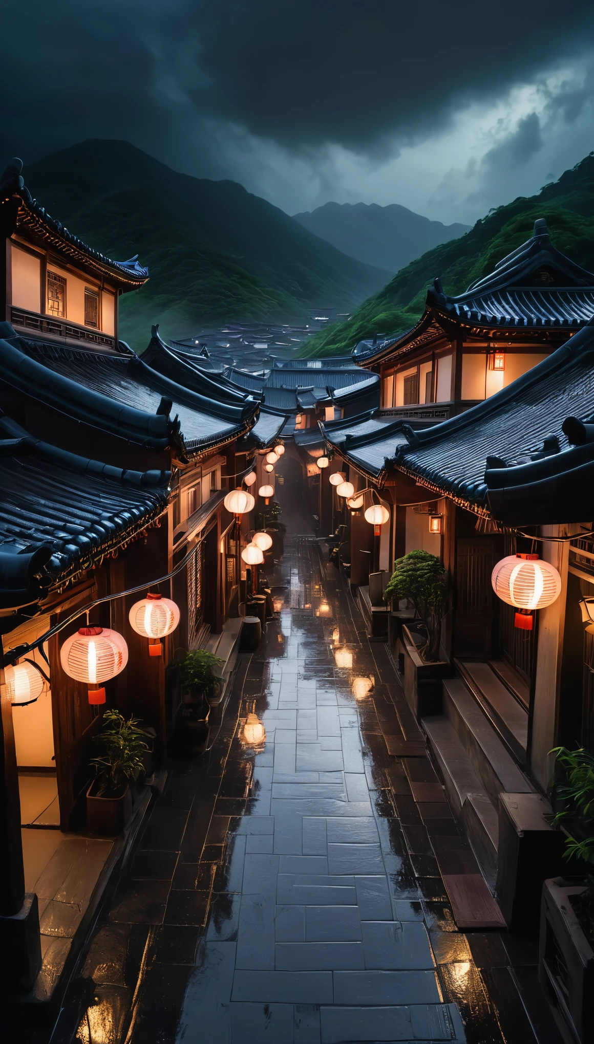 View of the village of Feder,a lot of Lights on the buildings,Dream Chinatown,china village,Awesome Wallpapers,Japanese Village,小さな町のシュールなphotograph,Old Asian Village,(The distant sky is covered with dark clouds),Japanese cities,Raymond Han,Rainy night, Cyberpunk Chinese Ancient Castle, Bright building, Late Afternoon,in the rain, Beautiful and beautiful, photograph, Light, 8k, High detail ((downpour,The windows are brightly lit,stage)))