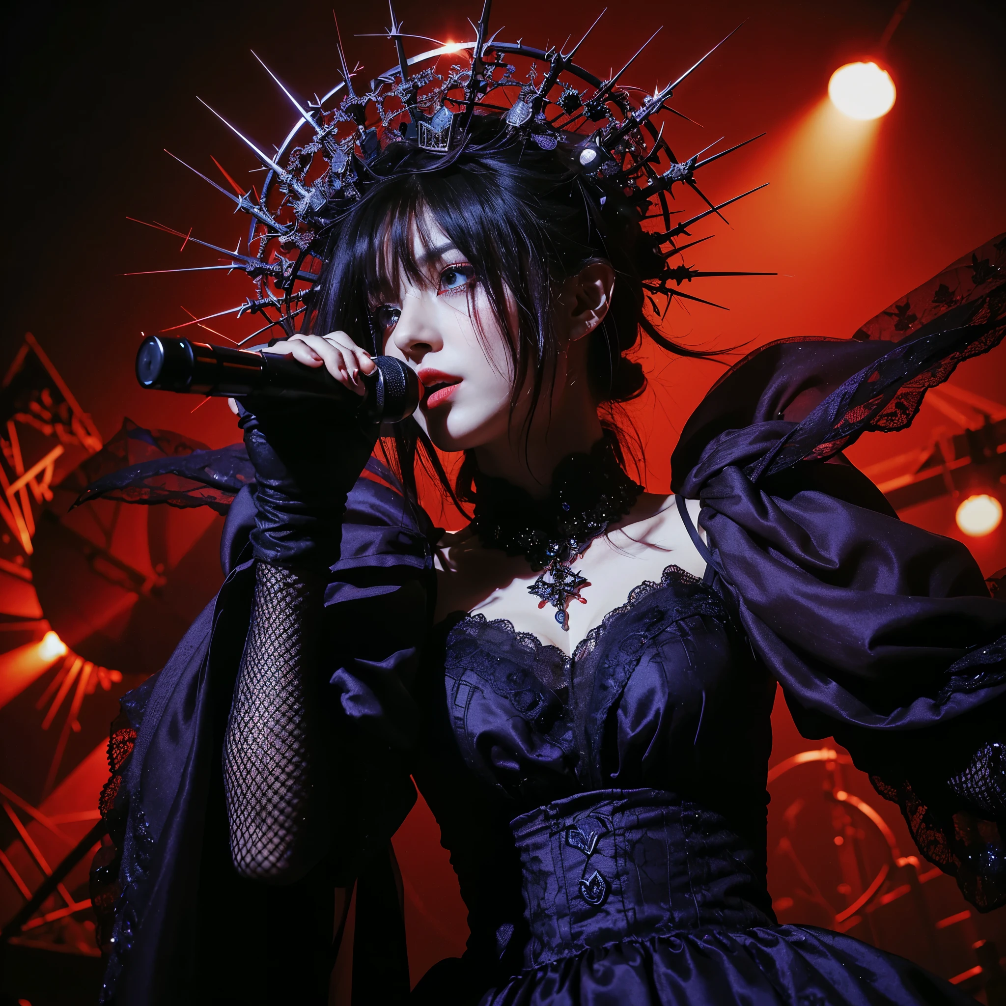 ((very sharp photo result & detailed face)) (((textile shading))) (((Best Quality))), (((masterpiece))) (((hyper realistic photo)) red-blue light mood, full band of japanese glam gothic style are on the stage, wears thorn spike crown , red glow eyes, attractive sing play music on stage, they are wearing purple gowns black lace, net stockings & boots, at dark stage with red smoke on a night concert, dark dramatic spotlight lamp on them, taken with hasselblad camera. HDR10 8