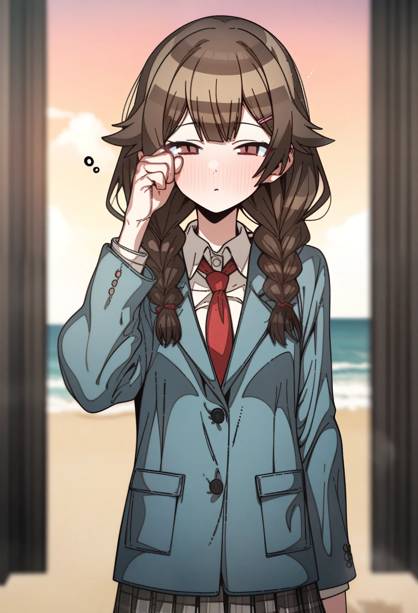 hoshino_(blue_archive) with brown hair and brown eyes, Artist, erere, Copyrights, idolmaster, idolmaster_shiny_colors, Character, General, 1girl, brown_hair, blunt_bangs, blush, medium_breasts, breasts, detailed eyelashes, beatiful girl:1, brown_eyes, censored, school_uniform, pleated skirt, blazer, hair_clip, twin_braids, rubbing_eyes, sleepy, red tie, (full_body) (standing in middle, beach), sky:0.7, half-closed_eyes, detailed, sand, outdoors, looking_at_viewer, masterpiece, best_quality, great_quality, girl, solo, center_composition, centered character, cute