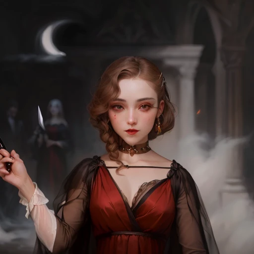 there is a woman in a red dress holding a knife, portrait of a lady vampire, androgynous vampire, inspired by Samuel Hieronymus Grimm, female vampire, inspired by Galen Dara, portrait of a female necromancer, persephone as goddess of death, woman vampire, inspired by Adélaïde Victoire Hall