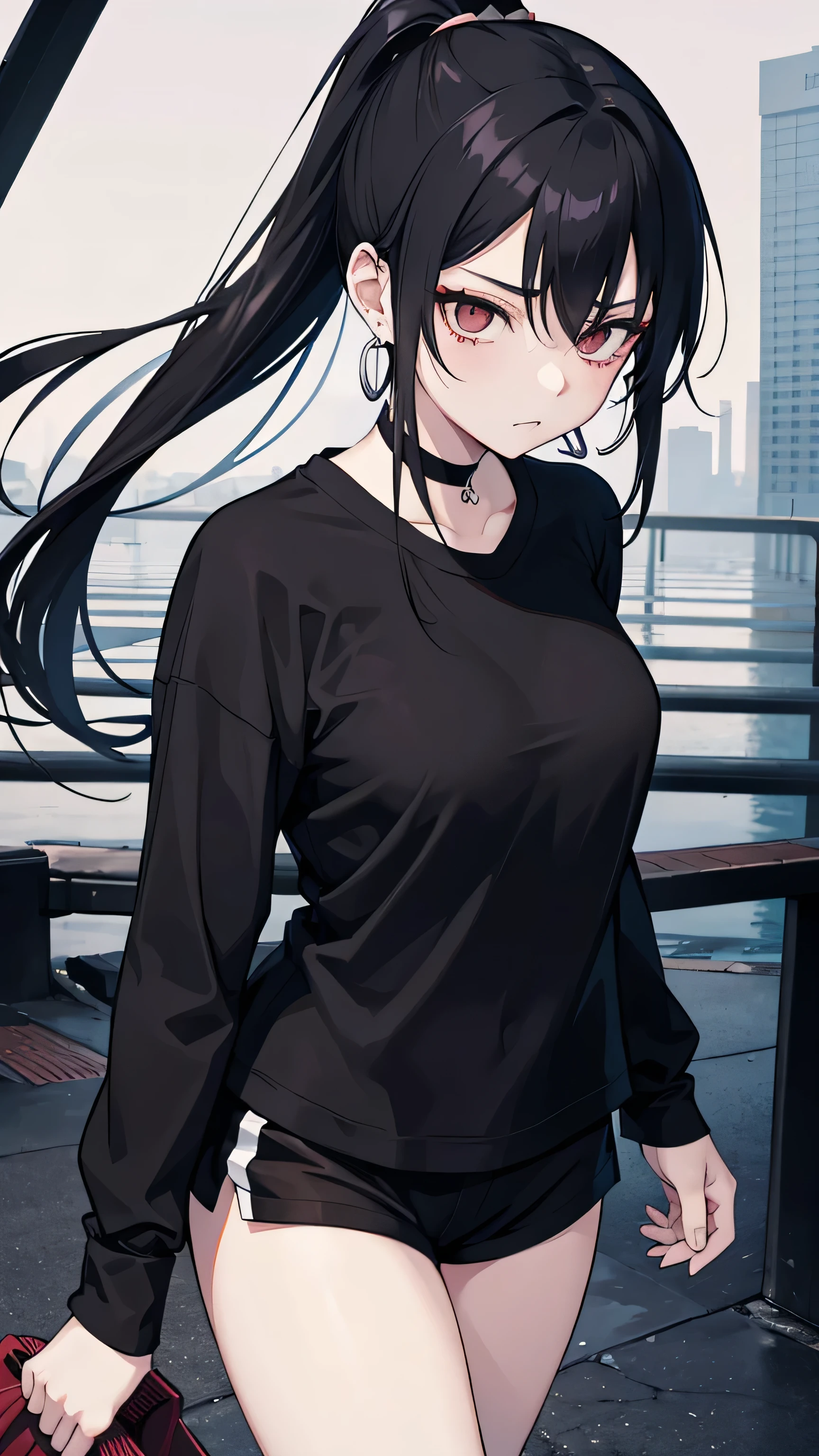 Japanese woman, very long black ponytail, yandere, grunge, ominous, eerie, Yokohama background, melancholic, jujutsu kaisen, hoop earrings, solo, black plain t-shirt with gym shorts, 20 year old, jujutsu kaisen