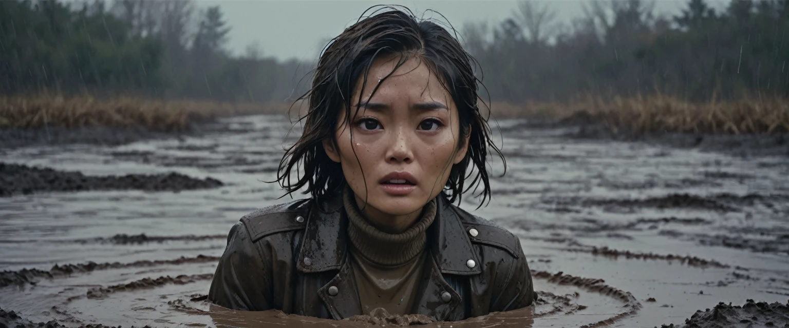 8k, ultra-detailed, documentary drama photo, grainy film photo, masterpiece,muted colors, muffled light, dusk, rainy, moody, noir, mud hole, gloomy orgasm expression:1.2, drowning, woman messy head, messy muddy brunette hair,asian:0.5,faded leather jacket, turtleneck