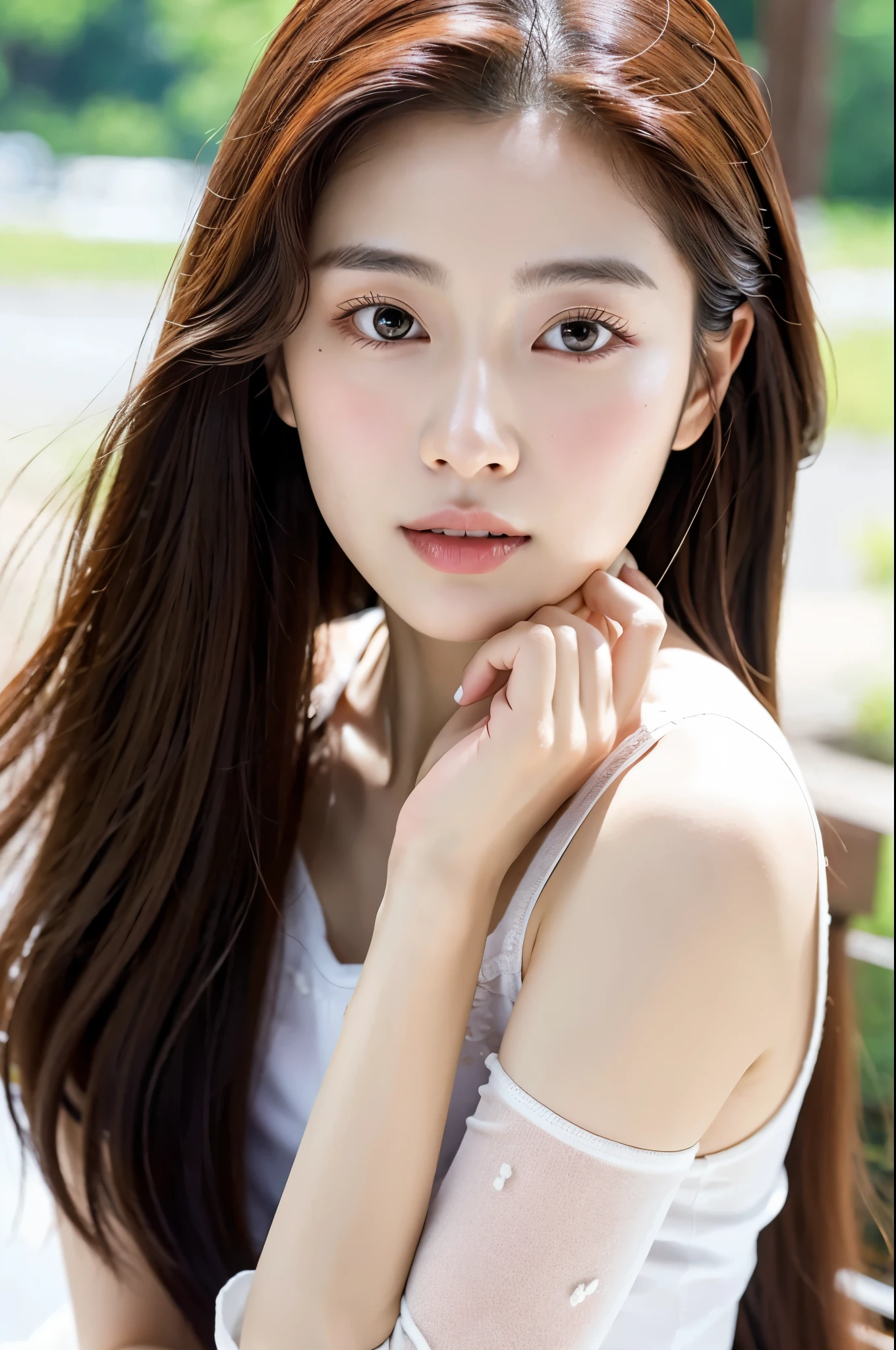 a woman with long hair and a white shirt posing for a picture, yangjun chen, dilraba dilmurat, girl cute-fine-face, beautiful aesthetic face, lovely delicate face, natural make up, xintong chen, xision wu, Beautiful delicate face, Realistic. cheng yi, chengyou liu