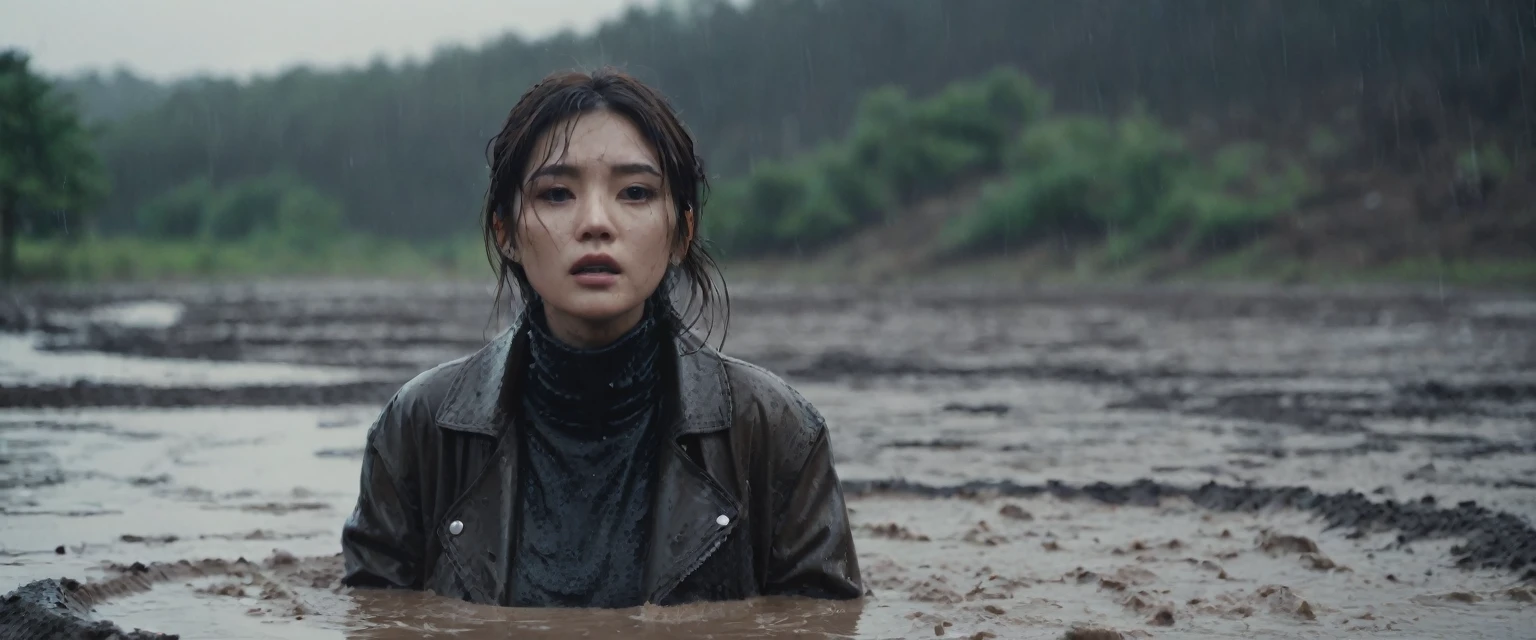 8k, ultra-detailed, from afar view, documentary drama, grainy film photo, masterpiece,muted colors, muffled light, dusk, rainy, moody, noir, mud hole, gloomy orgasm expression:1.2, drowning, woman messy face, messy muddy brunette hair,asian:0.5,faded leather jacket, turtleneck