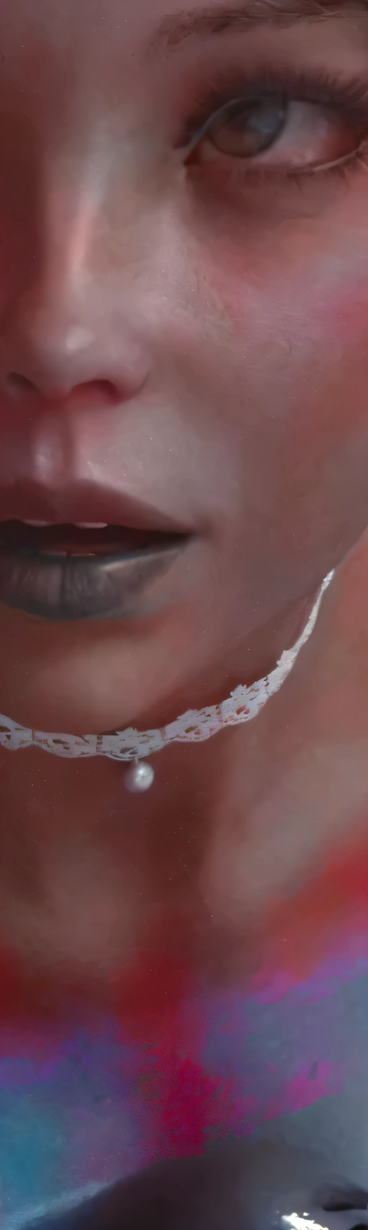 there is a woman with a necklace and a choke on her neck, wearing choker, choker on neck, pearl choker, neck zoomed in from lips down, piercings collar, choker, choker around neck, inspired by Adélaïde Labille-Guiard, still from a music video, collar on neck, slave collar, accentuated feminine features
