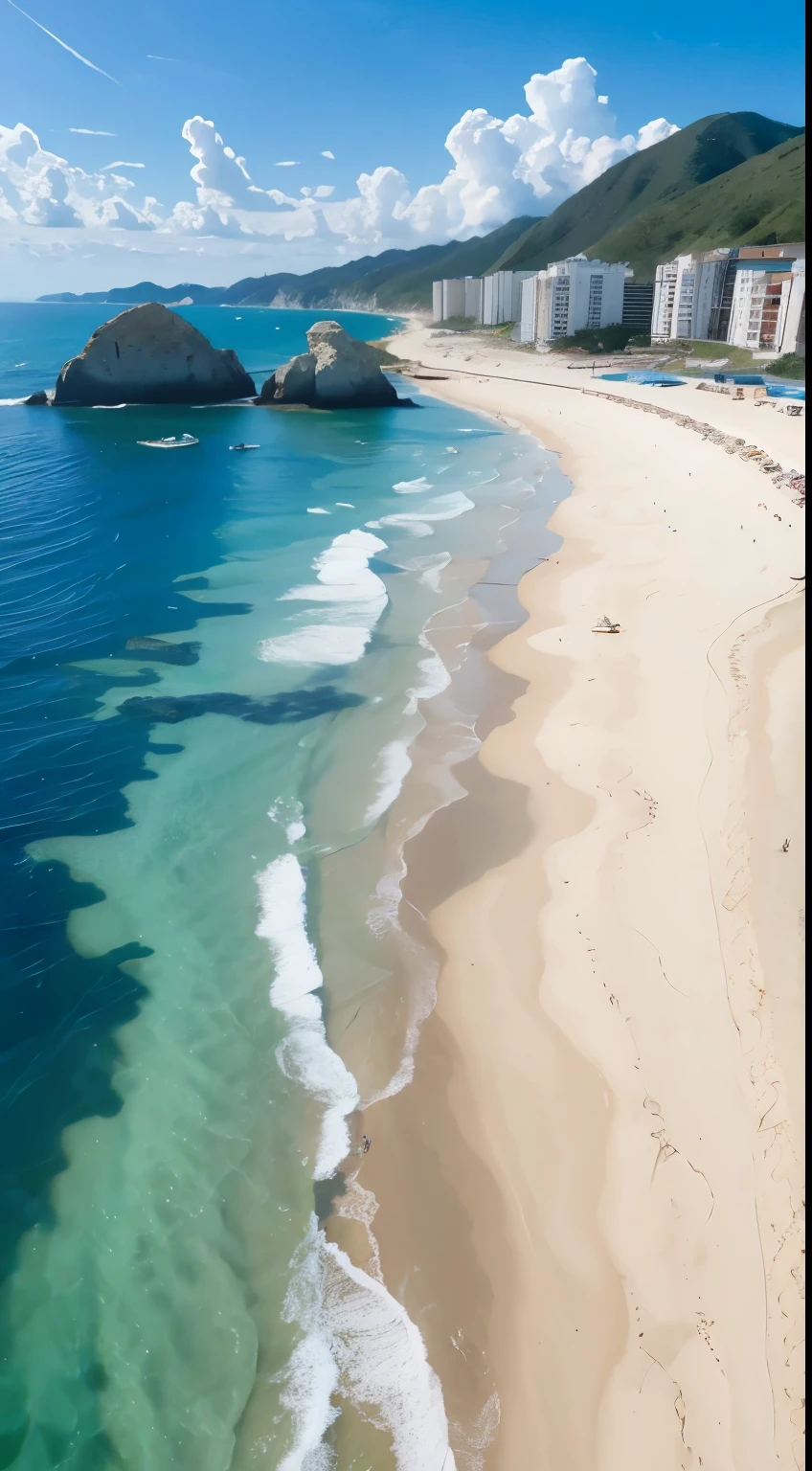 Bright, clear sea and sandy beach。Please remove the building