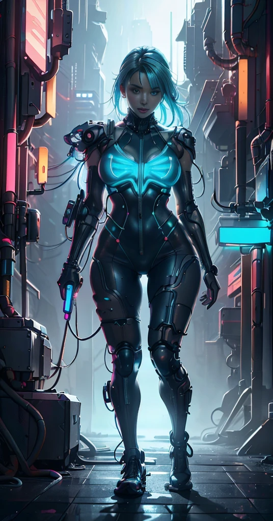 bikini of ,Girl in a swimsuit，dress up sexy，future techwear，Mechanical prosthesis，Mechanical skeleton，  natta， Abandoned cyberpunk city， Neon Billboard， Better image quality， Maximum clarity and clarity， Ultra-realistic realism， high detal， Afophialism，contrasts of light and shadow， cinmatic lighting， Ray Tracing， reflective light， denim lens， F/4.0 ,big with blue hair,Neon light , Retro-futuristic mechanic suit ,muscle woman ,Wings,Hair illuminated by blue light neon,Featured big breasts, orange neon suit,Swin Suit , Bikini Big Tits