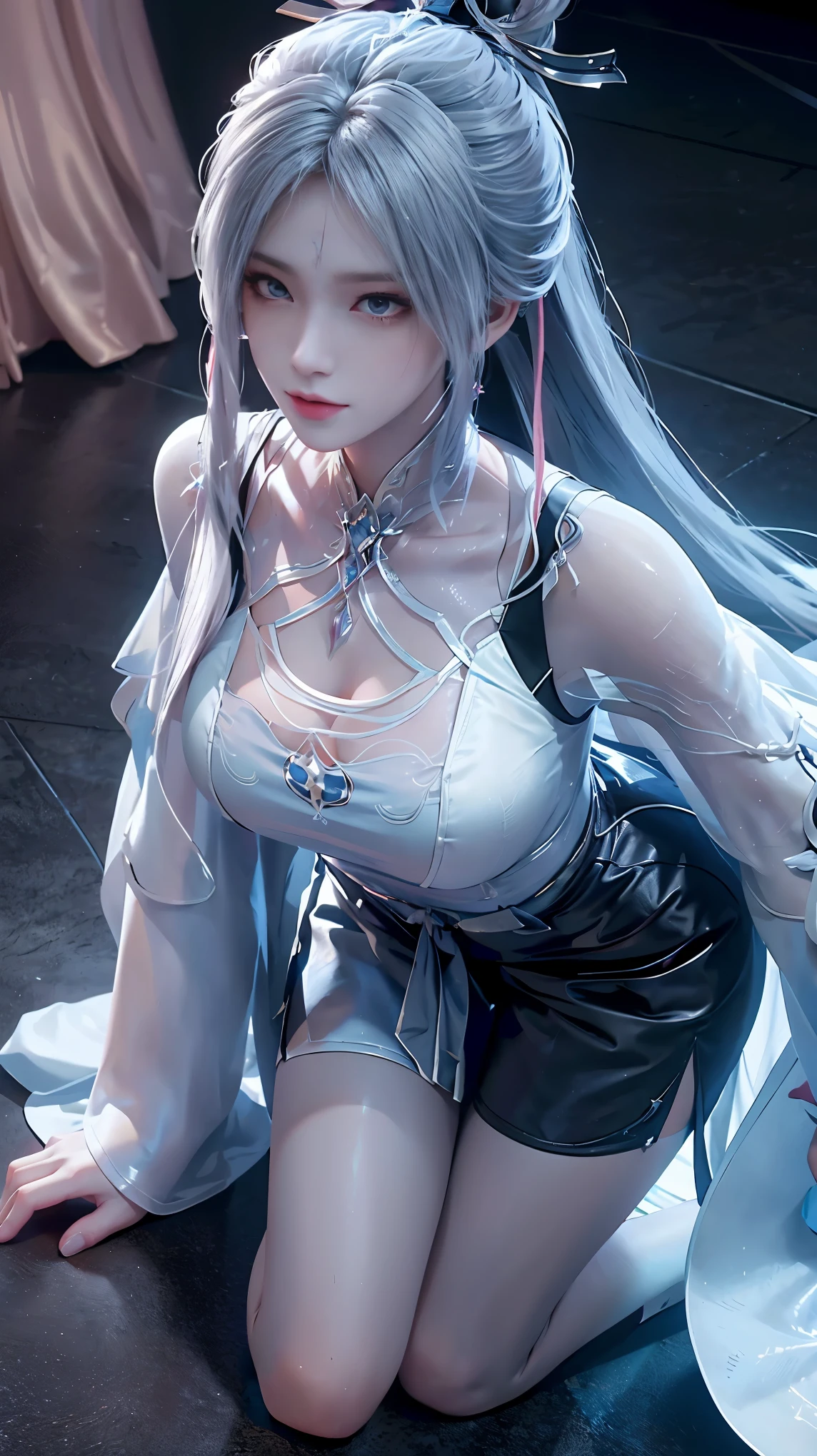 a white hair、Close-up of miss wearing white mask, Beautiful character painting, guweiz, Gurwitz-style artwork, White-haired god, author：Yang Jie, Epic and beautiful character art, Stunning character art, author：Fan Qi, by Wuzhun Shifan, pixiv Art Street Guviz, Single ponytail, insult, High Ponytail, Tall and big, Long legs, (sleeveless lace shirt), (shorts), (Striped )), ((Striped )), Walk, elegant, dignified, miss, Beautiful curves, sweet smile, Strong sense of detail and layering, color丰富绚丽, Has a unique texture, rich and colorful, color, vivid, Design Art, 16K, Super detailed, {{illustration}}, {Extremely refined}, {Exquisite surface treatment}, Super detailed, Delicate and shining eyes, {{Light}}, 极致Light效果, Model: realism, CFG size: 12, Laura: Bright texture (1.35), high quality, masterpiece, Exquisite facial features, Delicate hair depiction, Detailed depiction of the eyes, masterpiece, best quality, Light線追蹤, Extremely detailed CG unified 8k wallpaper, masterpiece, best quality, (1 girl), 完美miss身材, (((tight white t shirt))), beautiful eyes, (Delicate face), Black short hair, Tie your hair up, Light blue hairpin, Black silk frame glasses, in class, (White skin), (Optimal Lighting), (Super intricate details), 4k unity, (Super detailed CG), Showing off her white legs, , Hot Pants, shorts,性感Long legs, Thin waist, Sweat is running down my waist, Showing belly, Extremely detailed depiction, Pink Hair, Asymmetrical bangs, Transparent clothes, Hands on thighs, 把目Light移開, 8k resolution, Raise an eyebrow, shiny hair, Flower head, Wristbands, bandage，Leather sexy pose, simple grey background, Climbing towards the audience, kitten pose, On all fours,