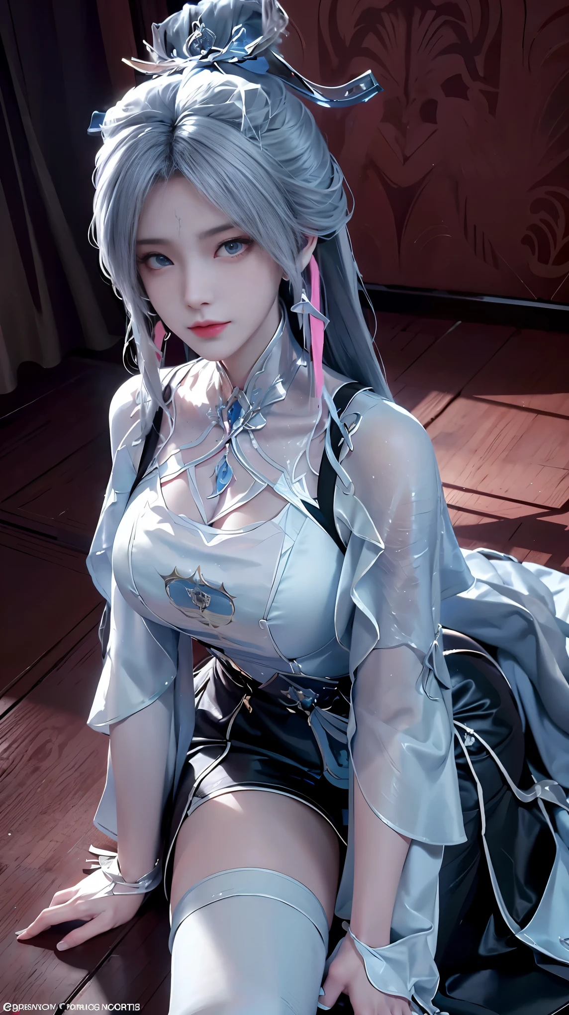 a white hair、Close-up of miss wearing white mask, Beautiful character painting, guweiz, Gurwitz-style artwork, White-haired god, author：Yang Jie, Epic and beautiful character art, Stunning character art, author：Fan Qi, by Wuzhun Shifan, pixiv Art Street Guviz, Single ponytail, insult, High Ponytail, Tall and big, Long legs, (sleeveless lace shirt), (shorts), (Striped )), ((Striped )), Walk, elegant, dignified, miss, Beautiful curves, sweet smile, Strong sense of detail and layering, color丰富绚丽, Has a unique texture, rich and colorful, color, vivid, Design Art, 16K, Super detailed, {{illustration}}, {Extremely refined}, {Exquisite surface treatment}, Super detailed, Delicate and shining eyes, {{Light}}, 极致Light效果, Model: realism, CFG size: 12, Laura: Bright texture (1.35), high quality, masterpiece, Exquisite facial features, Delicate hair depiction, Detailed depiction of the eyes, masterpiece, best quality, Light線追蹤, Extremely detailed CG unified 8k wallpaper, masterpiece, best quality, (1 girl), 完美miss身材, (((tight white t shirt))), beautiful eyes, (Delicate face), Black short hair, Tie your hair up, Light blue hairpin, Black silk frame glasses, in class, (White skin), (Optimal Lighting), (Super intricate details), 4k unity, (Super detailed CG), Showing off her white legs, , Hot Pants, shorts,性感Long legs, Thin waist, Sweat is running down my waist, Showing belly, Extremely detailed depiction, Pink Hair, Asymmetrical bangs, Transparent clothes, Hands on thighs, 把目Light移開, 8k resolution, Raise an eyebrow, shiny hair, Flower head, Wristbands, bandage，Leather sexy pose, simple grey background, Climbing towards the audience, kitten pose, On all fours,