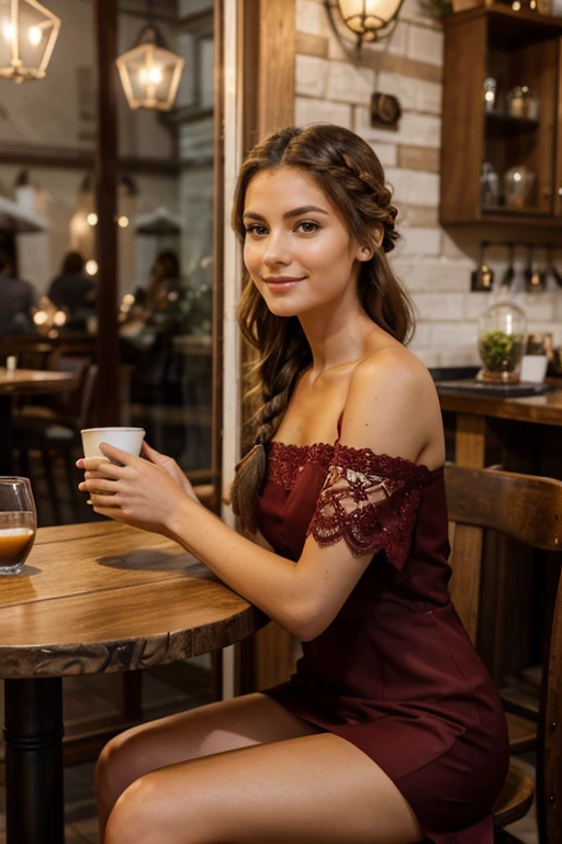"Beautiful, elegant Italian woman in a chic, knee-length maroon dress with lace details, sitting in a cozy cafe with warm lighting and rustic decor. She is leaning slightly forward at a small wooden table, holding a coffee cup and looking directly at the camera with a warm smile. Her hair is styled in a loose braid over her shoulder. High-fidelity cinematic style, capturing the detailed and inviting elements of the cafe and the serene beauty of the moment.