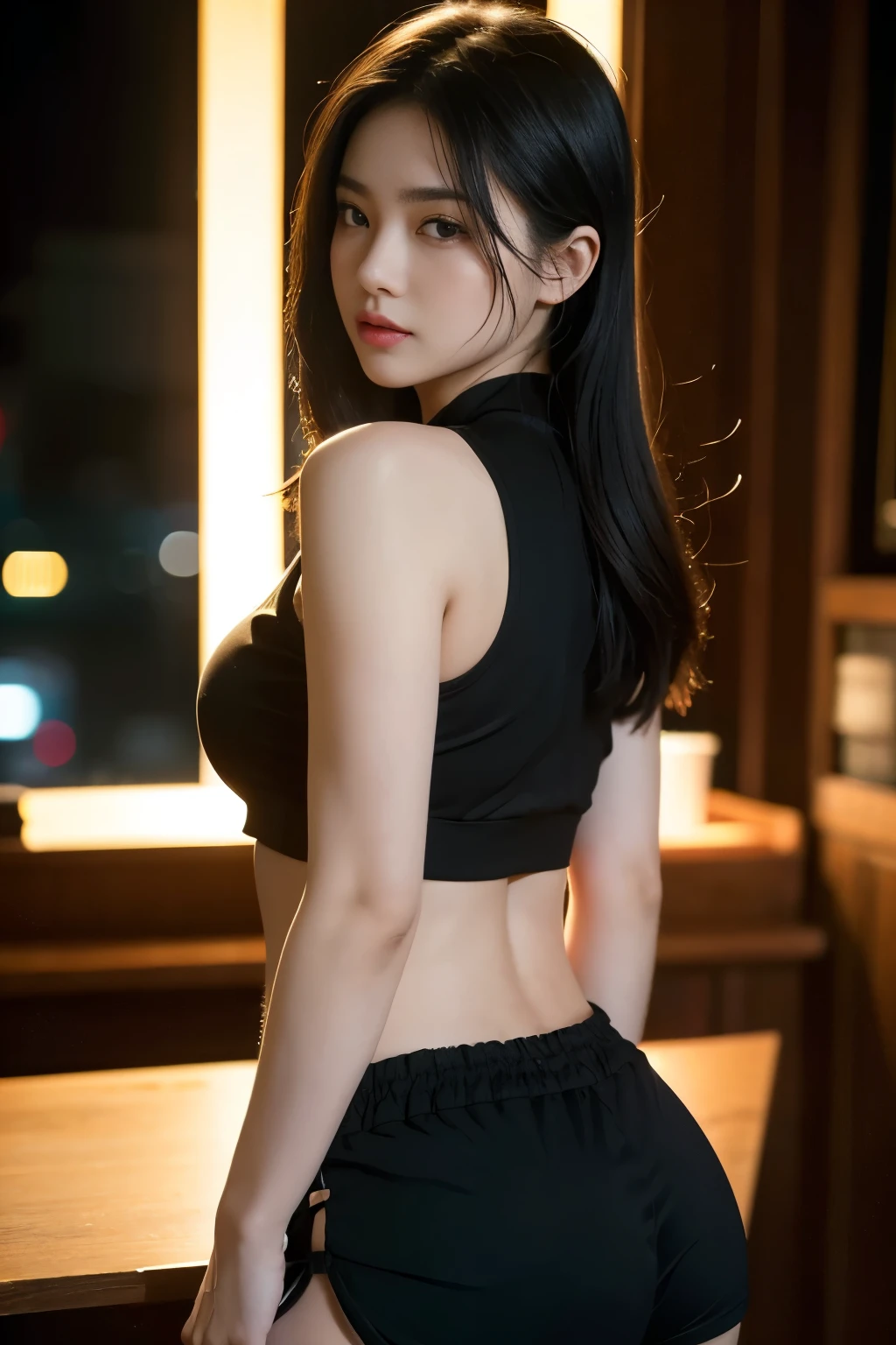 beautiful detailed eyes, beautiful detailed lips, extremely detailed eyes and face, long eyelashes, 1girl, korean, wearing bandana, wearing black crop top and black shorts, plump body type, thick thighs, black lege stocking, is looking back, standing at cafe, night scene, bokeh background, (best quality,4k,8k,highres,masterpiece:1.2),ultra-detailed,(realistic,photorealistic,photo-realistic:1.37),cinematic lighting,intricate details,vibrant colors,atmospheric lighting,moody lighting