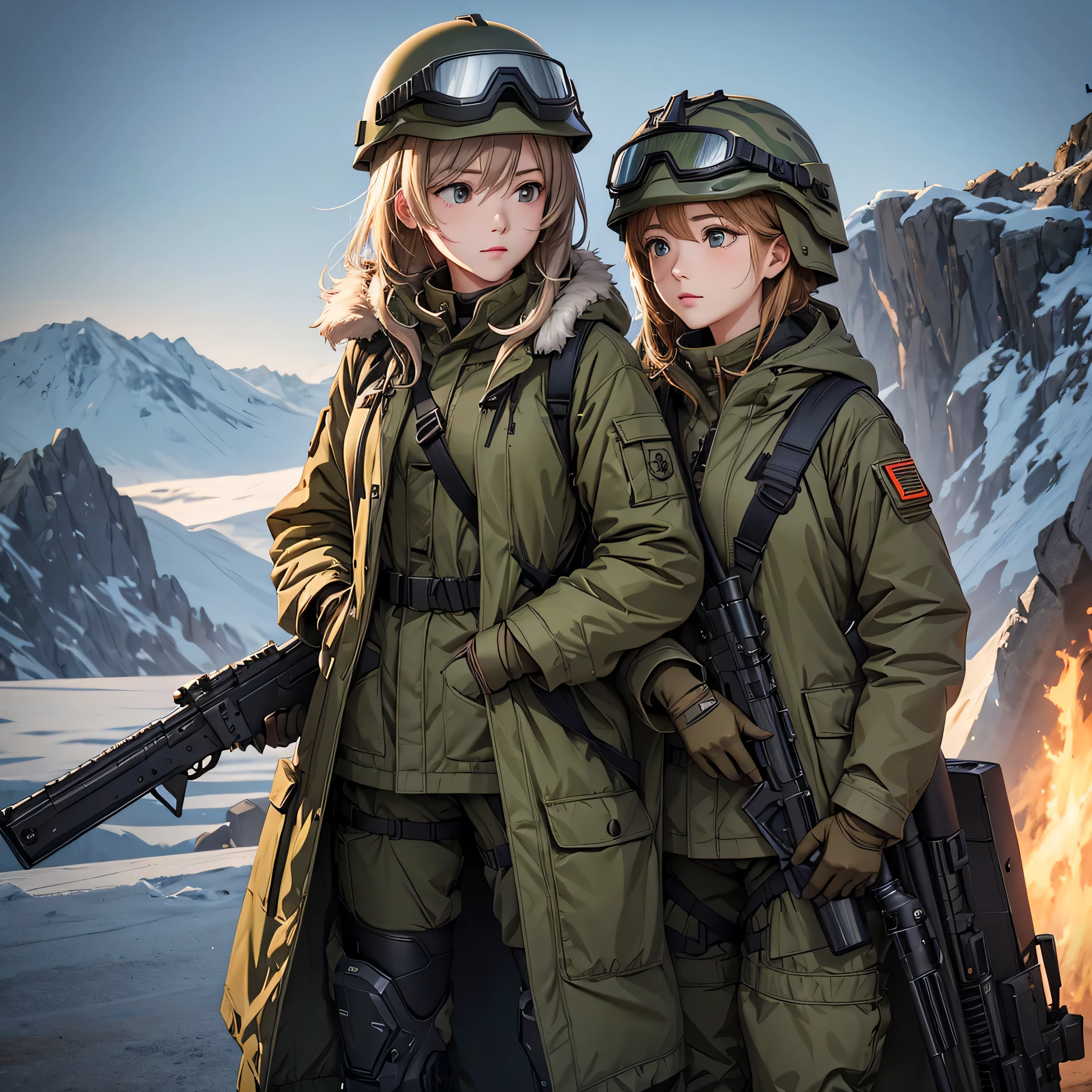 Two female soldiers standing side by side、M-47 Parka Long Coat、Put on a helmet、Wear goggles、Personal Equipment Set、Expose above the thighs、Write details、masterpiece、best quality、Highly detailed CG、8K picture quality