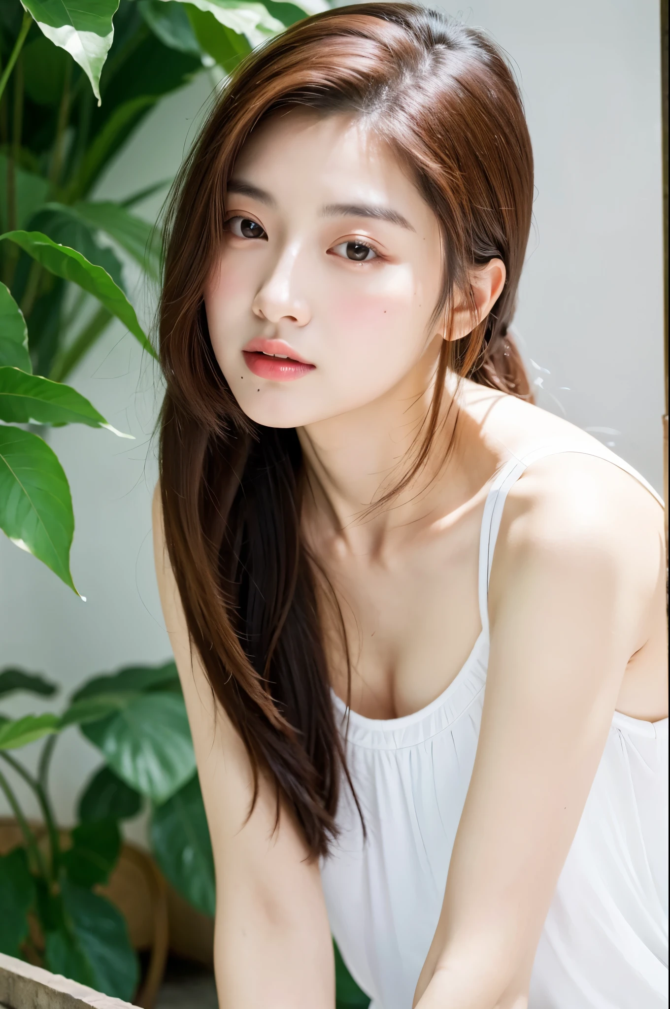 a woman with long hair and a white shirt posing for a picture, yangjun chen, dilraba dilmurat, girl cute-fine-face, beautiful aesthetic face, lovely delicate face, natural make up, xintong chen, xision wu, Beautiful delicate face, Realistic. cheng yi, chengyou liu