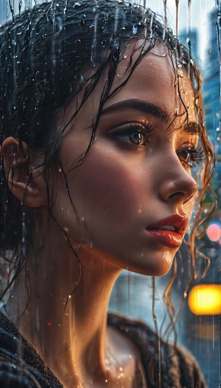 A beautiful detailed girl's face, double exposure, skyscrapers city background, beautiful detailed eyes,beautiful detailed lips,extremely detailed eyes and face,longeyelashes, raining, wet window and glass, wet street, wet hair and face, wet clothes, cinematic lighting, dramatic colors, vibrant, (best quality,4k,8k,highres,masterpiece:1.2),ultra-detailed,(realistic,photorealistic,photo-realistic:1.37),cinematic,moody,dramatic,painted